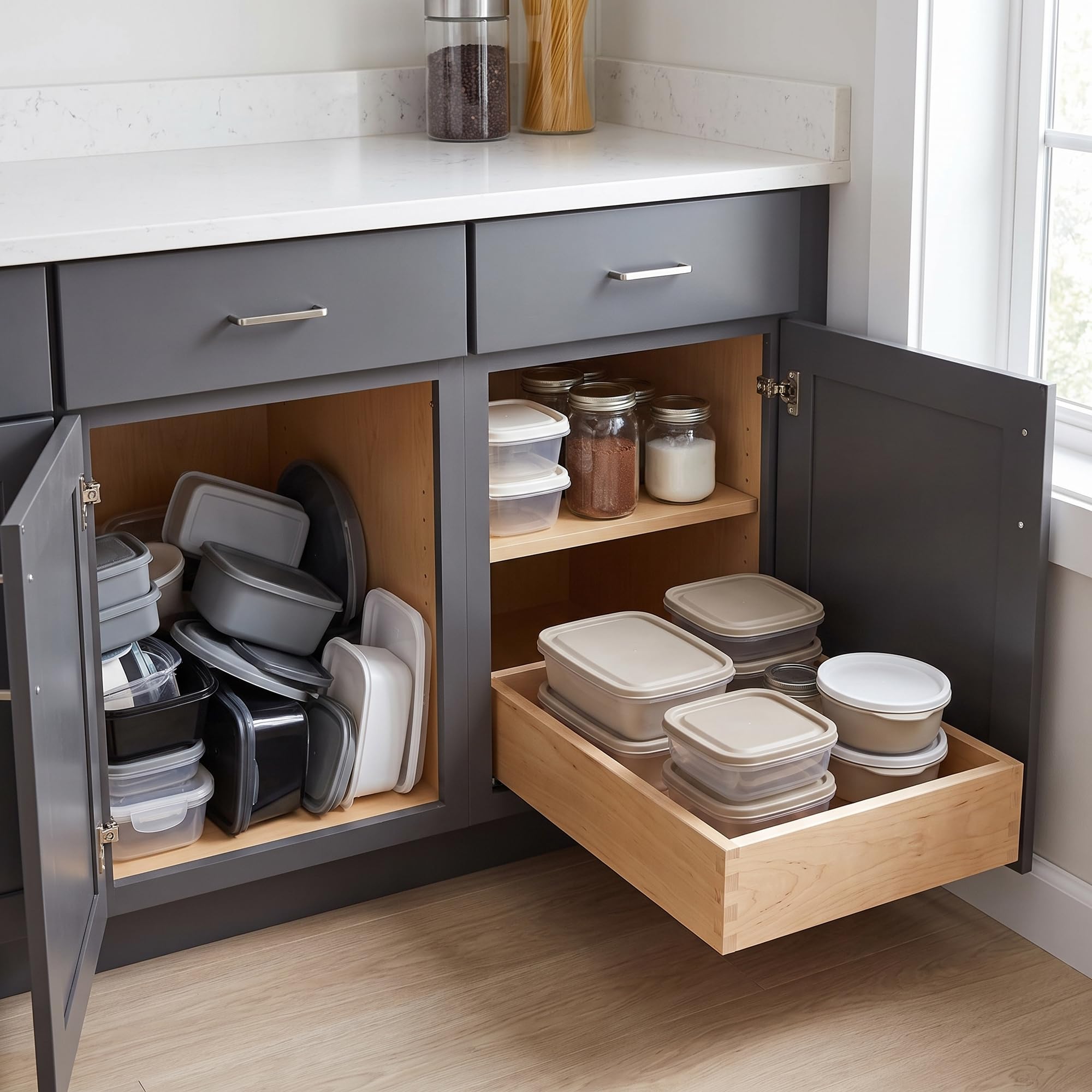SlidingSusan Organizador de cajones extraíble para armarios, estantes deslizantes de cierre suave para cocina, despensa y organización de almacenamiento, instalación rápida de bricolaje, madera de
