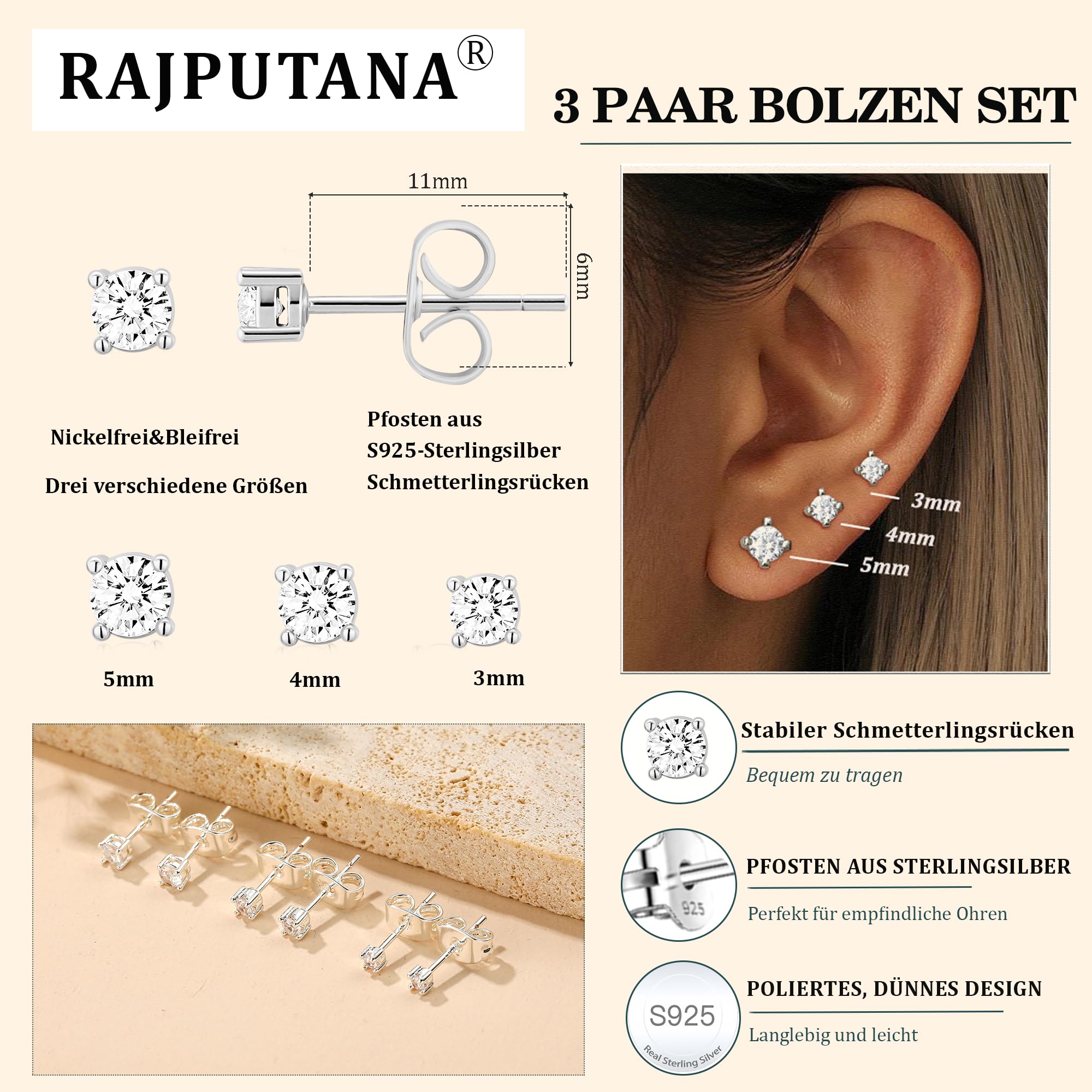 RAJPUTANA 3 Paia Di Piccoli Orecchini In Argento Sterling Per Signore Set Di Orecchini Ipoallergenici in Oro 14K Perno Delicati in Argento 925 Con stelle e Puntini a Cuore