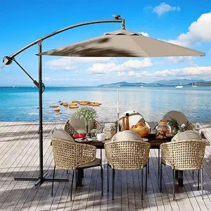 10FT Outdoor Offset Umbrella with Cross Base, Fade Resistant Canopy Large Patio Umbrella with Infinite Tilt and Crank Lift for Deck Pool Garden Backyard, Tan