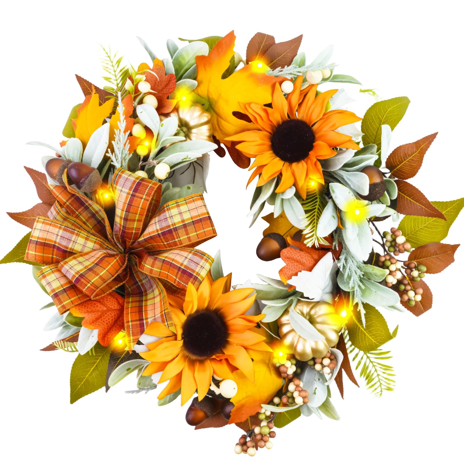 Mianzu Yellow Sunflower Fall Wreaths For Front Door,Sunflower Autumn Wreath With Lights,Pumpkins And Bows,For Thanksgiving Halloween Farmhouse Indoor Outdoor Outside (Yellow Sunflower)