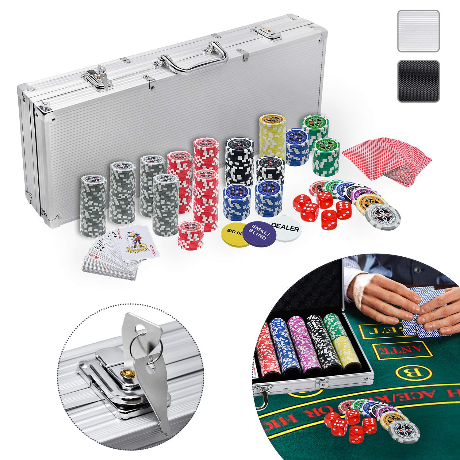 YUENFONG Set da poker con 500 chip da poker laser di alta qualità, inclusi 2 ponti da poker, 5 dadi, 1 pulsante dealer e 2 chiavi, per feste, viaggi, gioco