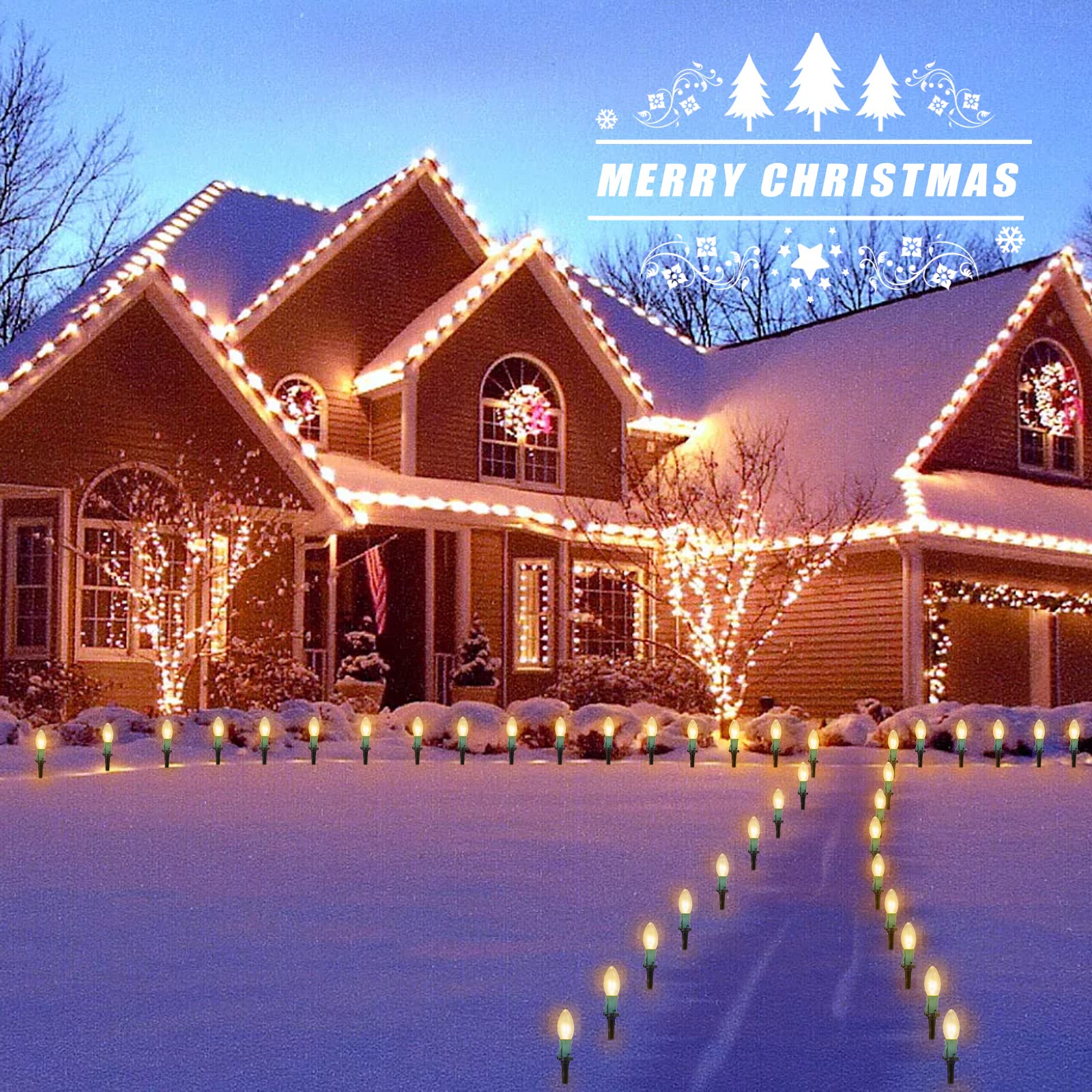 Tira de luces LED de exteriores para Navidad de 25.7 pies Tira de luces LED C9 con 20 estacas, interconectables, a prueba de agua, para decoraciones de Navidad en interiores, fiestas, festividades y decoración comercial (color blanco cálido) 7