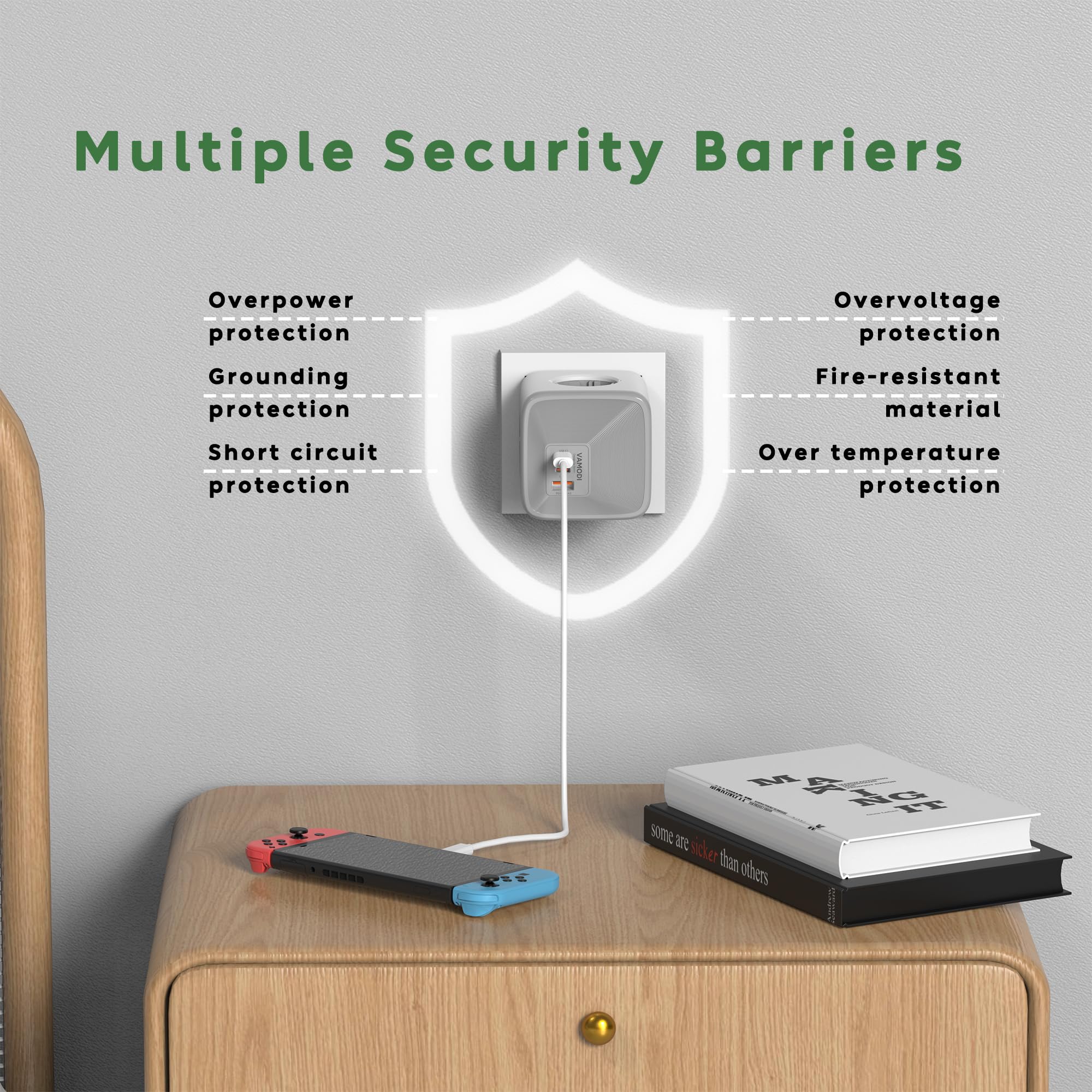 Listwa zasilająca z gniazdem USB, adapterem gniazdka 4-drożnego z USB-C, szybką ładowarką PD33W 2 USB-C 1 typu A, 7 w 1 z blokadą bezpieczeństwa dla dzieci do biura, domu, podróży, Czysta biel