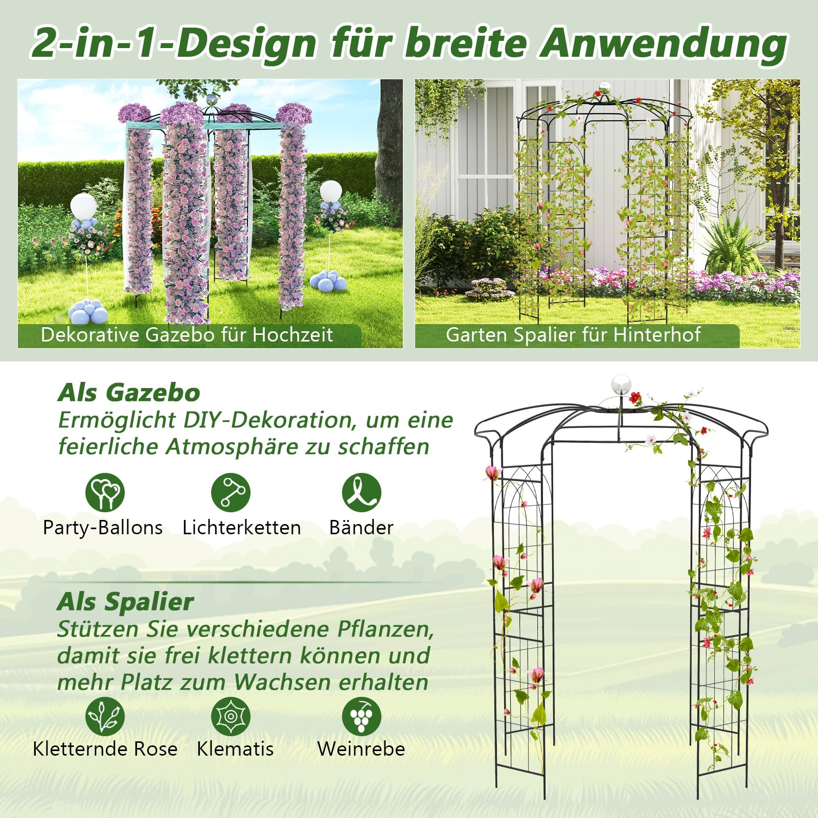 COSTWAY Rosenbogen Metall Rosenpavillon, Gartenbogen für Kletterpflanzen, Torbogen Garten, Rosengitter Rankhilfe, Rankgitter Gartenpavillon, Rankbogen für Veranda Hochzeit Partys, 198 x 198 x 284 cm