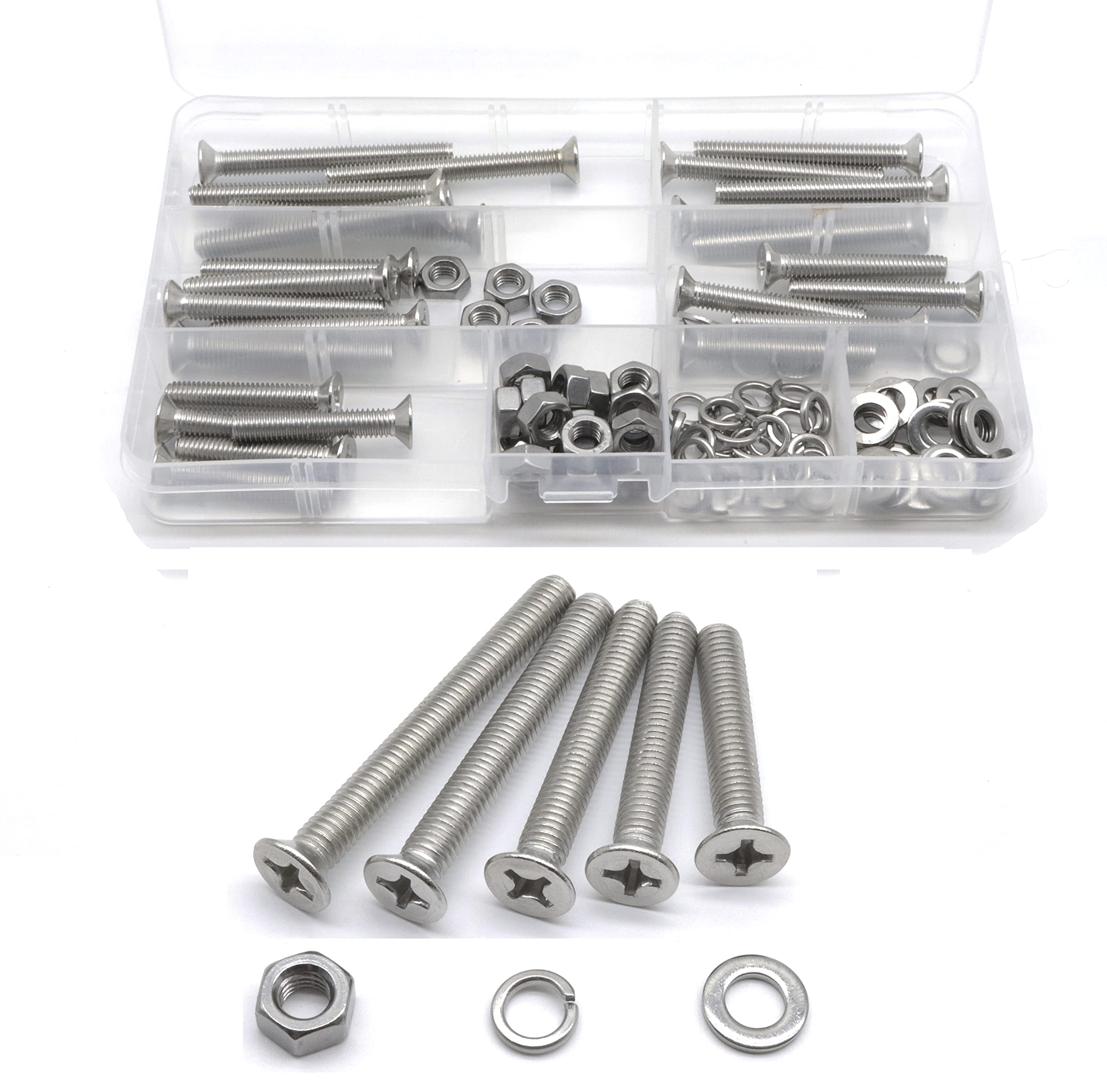 cSeao 100pcs Stainless Steel Phillips Flat M6 Screws Hex Nuts Flat Washers Spring Washers Assortment Kit, M6x35mm/ 40mm/ 45mm/ 50mm/ 55mm