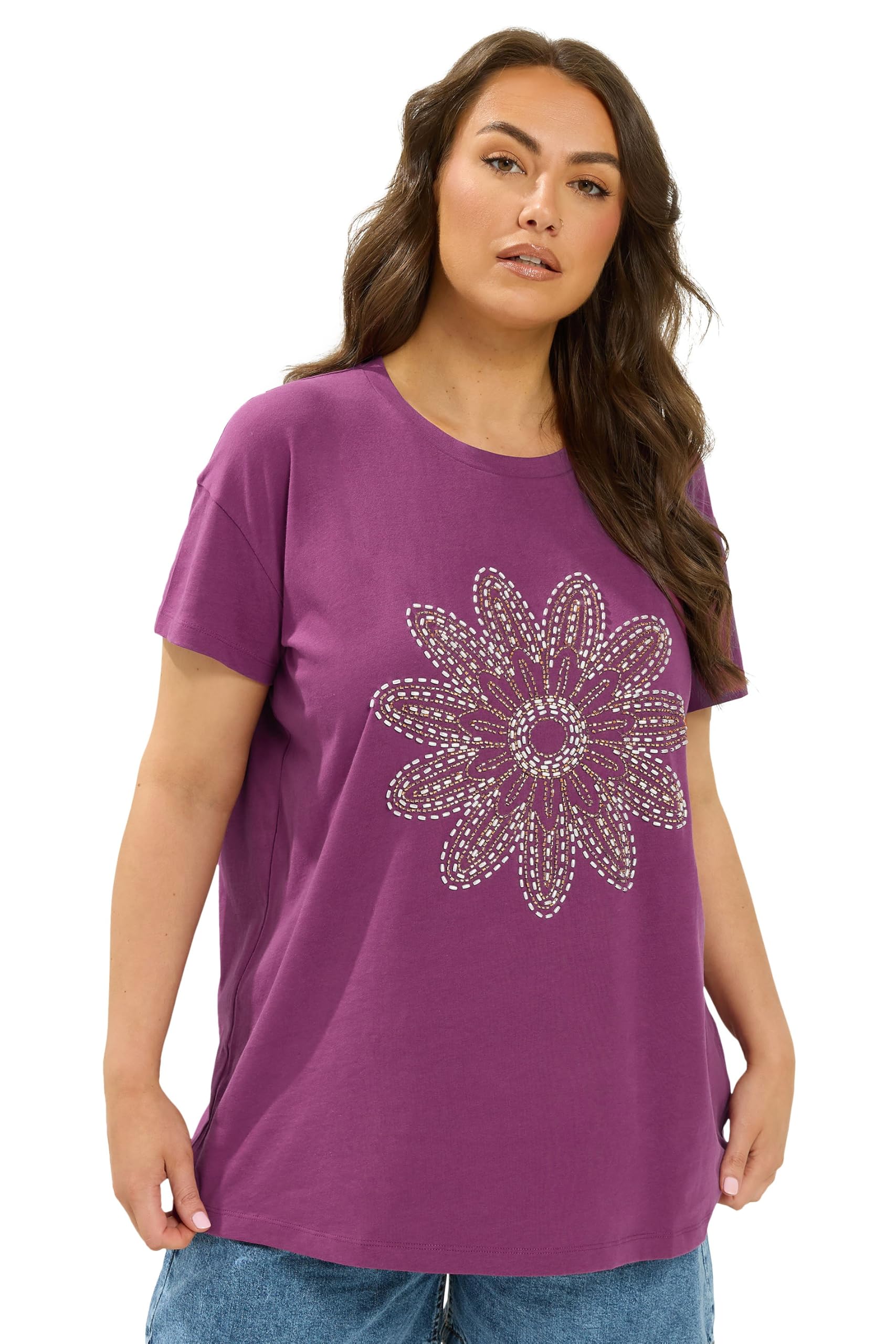 Yours Women's Purple Beaded Daisy T-Shirt In | : 22/24
