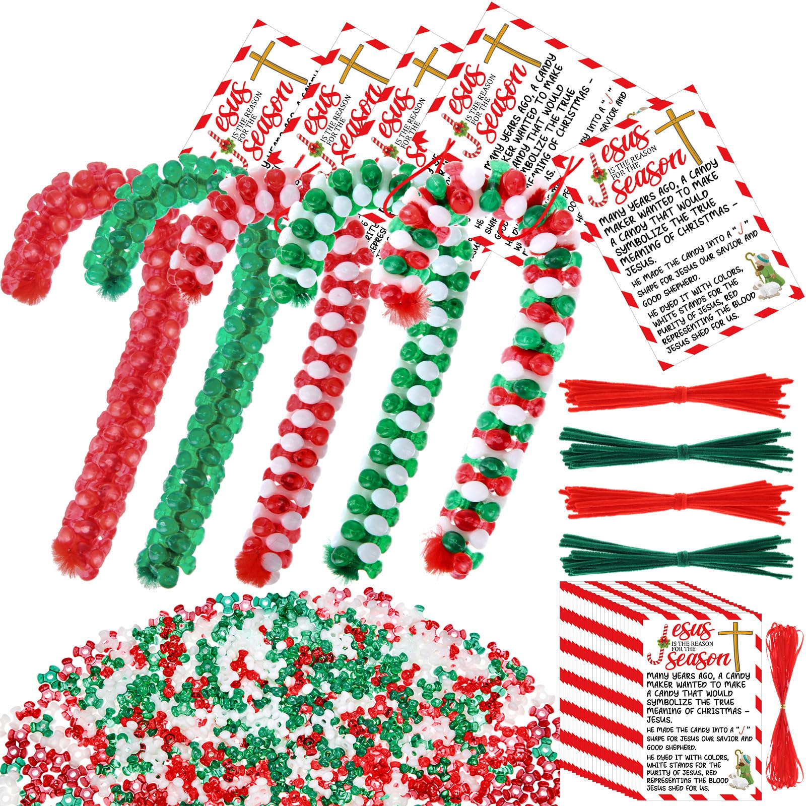 Hollowfly 48 Set Christmas Meaning of The Candy Cane Craft Kit DIY Christmas Tri Beaded Ornament Includes 2160 Plastic Tri Beads 48 Cards 48 Chenille Stems for Jesus Religious Crafts Xmas Tree Decor
