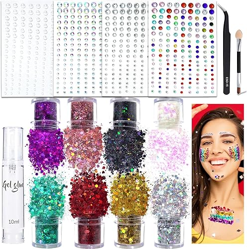 Gemas adhesivas para el cabello + purpurina gruesa para la cara y el cuerpo, 8 colores + pegamento con purpurina para maquillaje con purpurina,