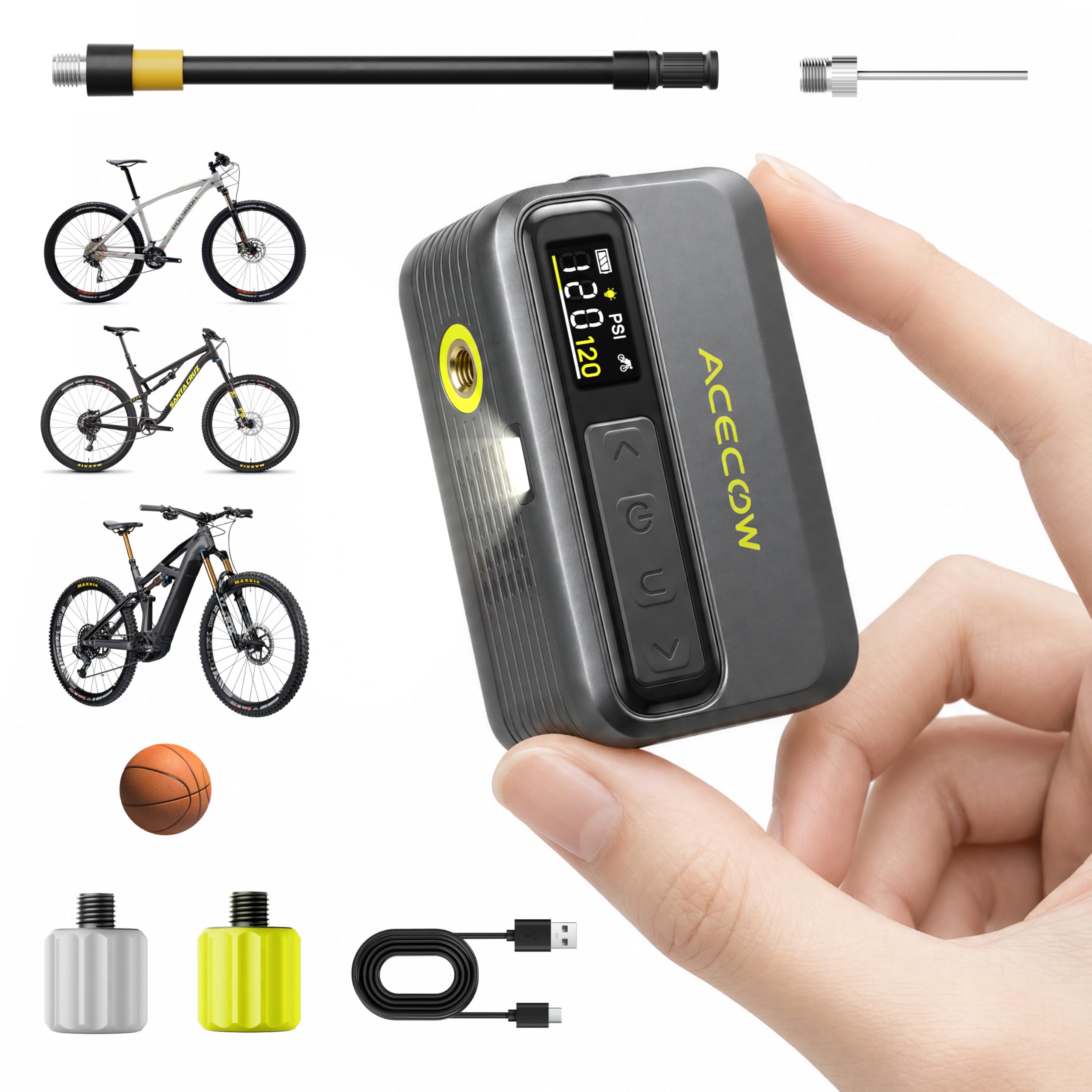 Pompe à Vélo Électrique AT5Pro Mini sans Fil 120 PSI Arrêt Auto pour Vélo de Route VTT