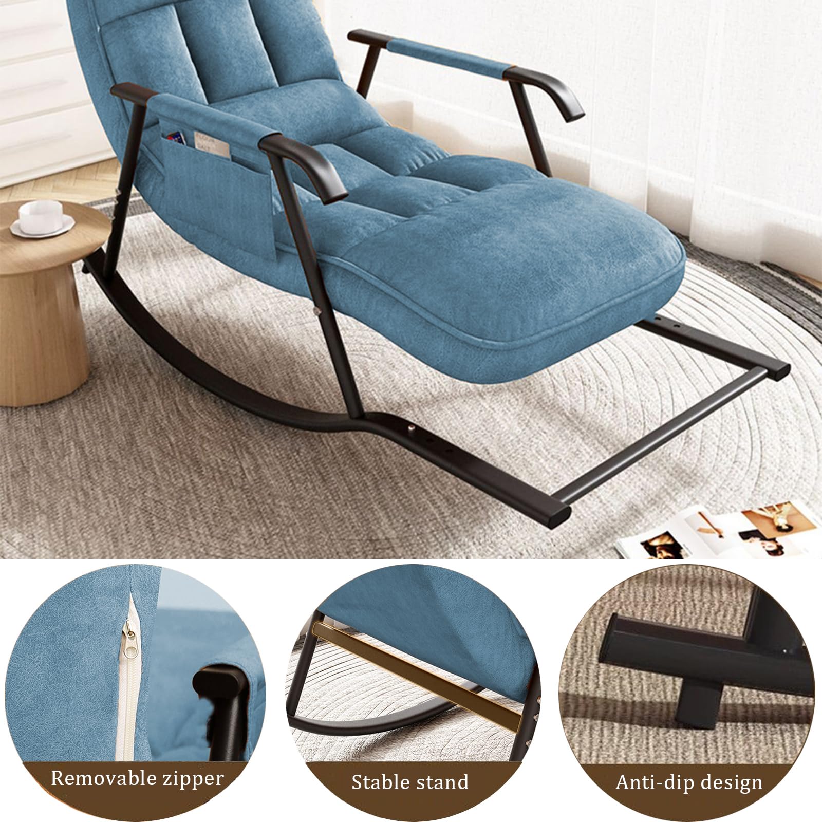 schaukelstuhl mit fußstütze, Schaukelstuhl Wohnzimmer, Schaukelstuhl Outdoor, Verstellbare Schaukellehne und Fußstütze, Gepolsterter Schaukelsessel für Wohnzimmer, Balkon (Blau)