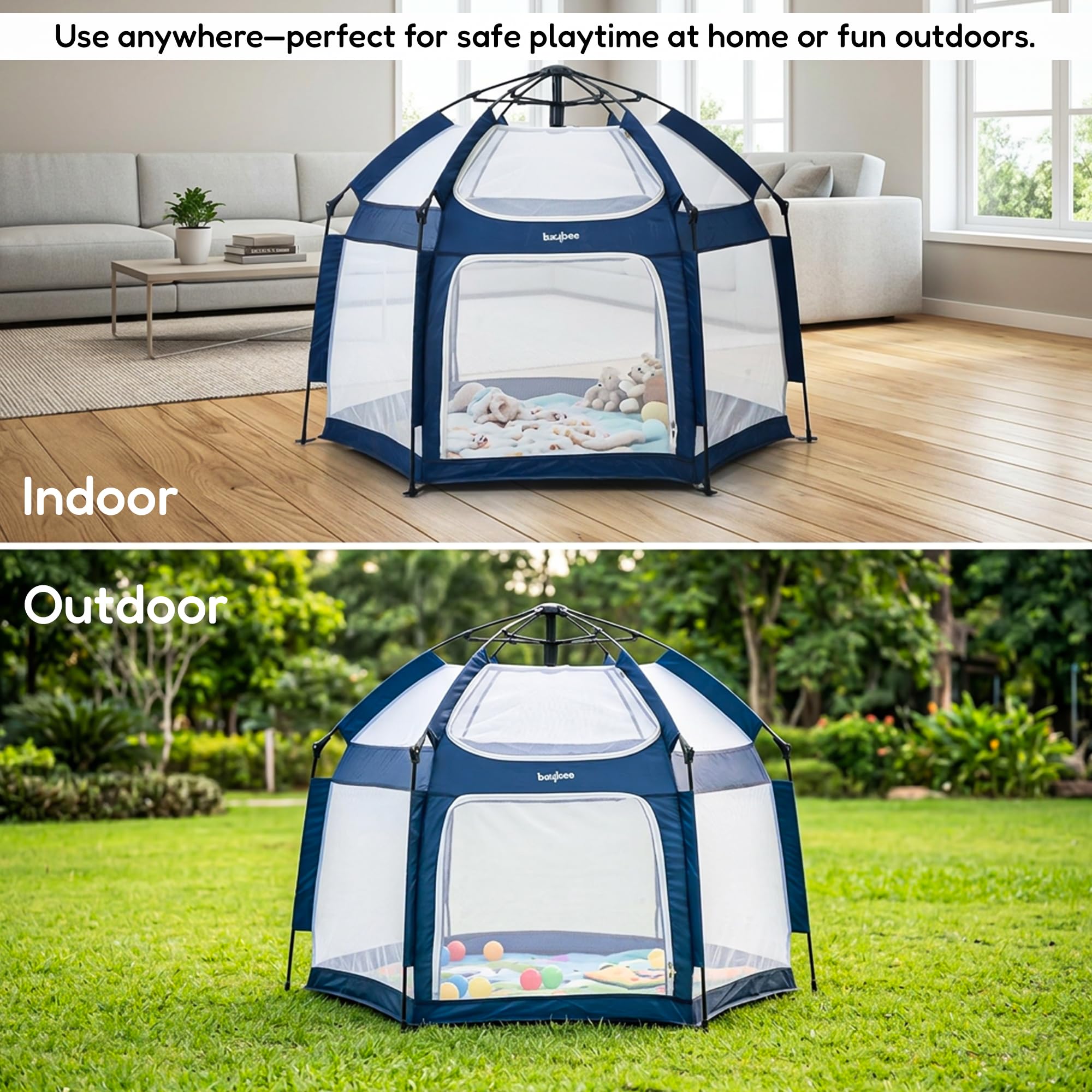 Baybee 140 x 110 Cm JoyNest Kids Playpen for Babies Up to 5 Years | Foldable Playard for Babies with Mosquito Protection & Zipper Lock | Baby Indoor & Outdoor Play Area Setup with Hexagon shape for Extra Space (Green) 2