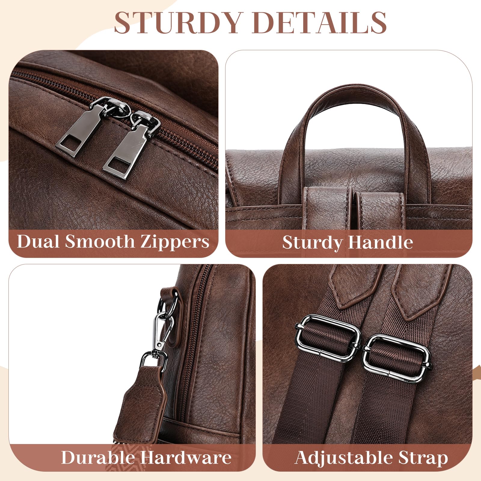 VASCHY Sac à Dos Antivol Femme Cuir, Élégant Sac à Main Porté Dos Bohème Rétro Imperméable avec Bretelle Réglable pour Travail Université Voyage