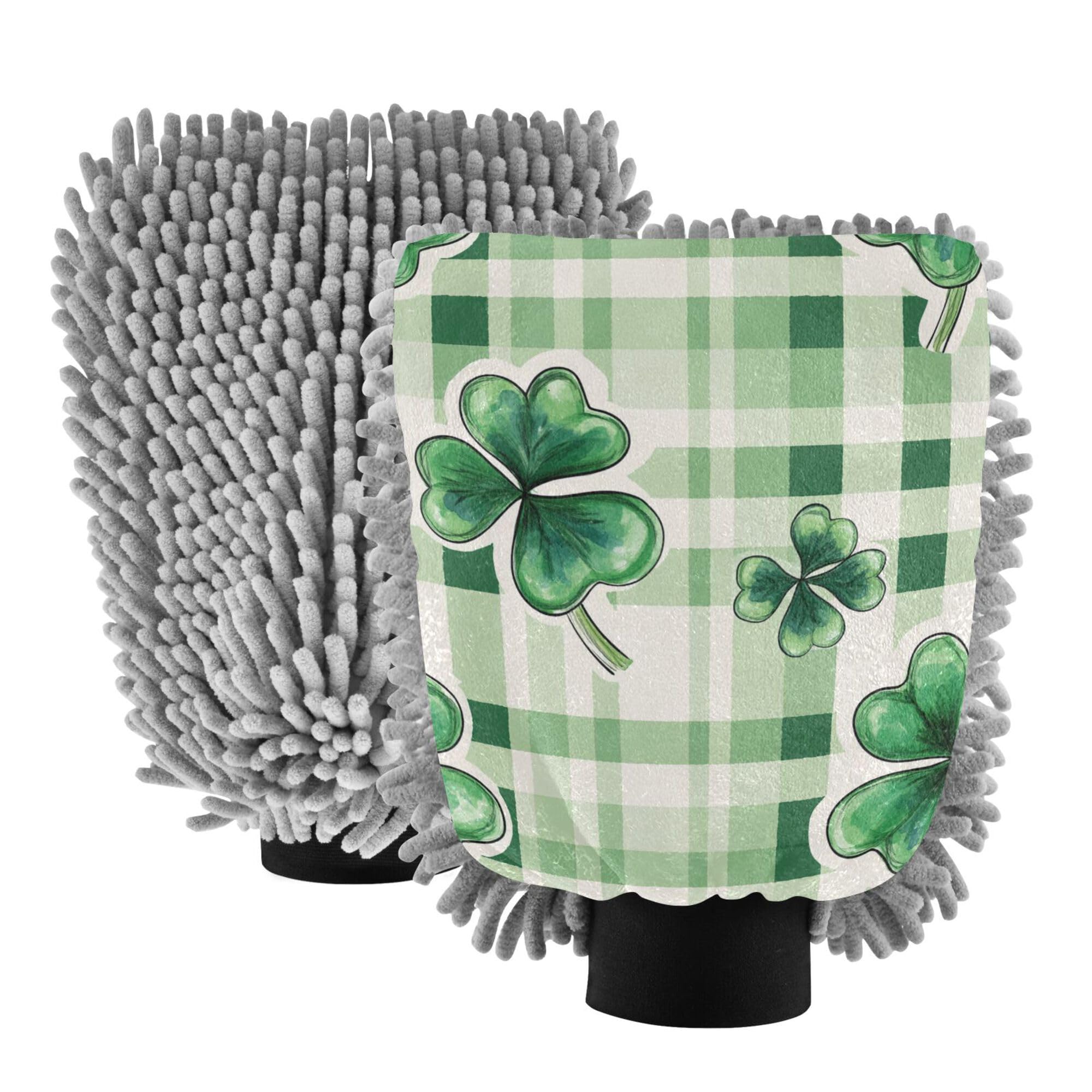 St.Patrick Green Shamrocks Plaid Microfiber Car Wash Mitt 11.8'' Car Washing Gloves Scratch-Free Clean Safe Mitt for Cleaning Wash