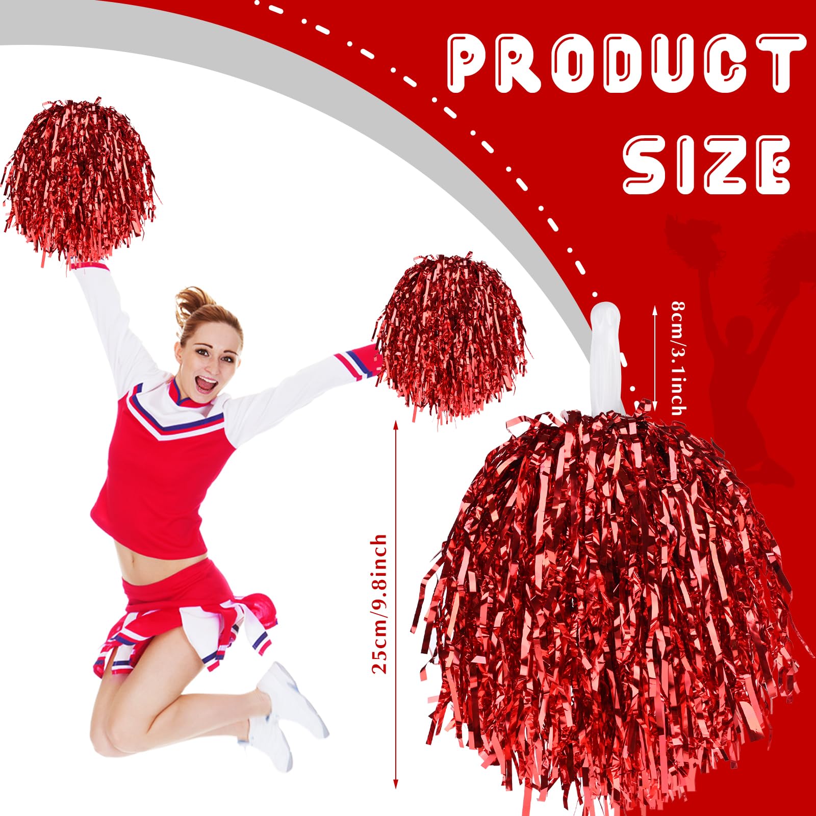 Lot de 60 pompons de pom-pom girl en vrac avec poignées en plastique, pompons de pom-pom girl pour enfants et adultes (rouge)