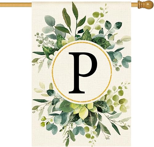 AVOIN colorlife Bandera floral de casa con monograma de letra P de 28 x 40 pulgadas, doble cara exterior, apellido familiar, inicial, decoración