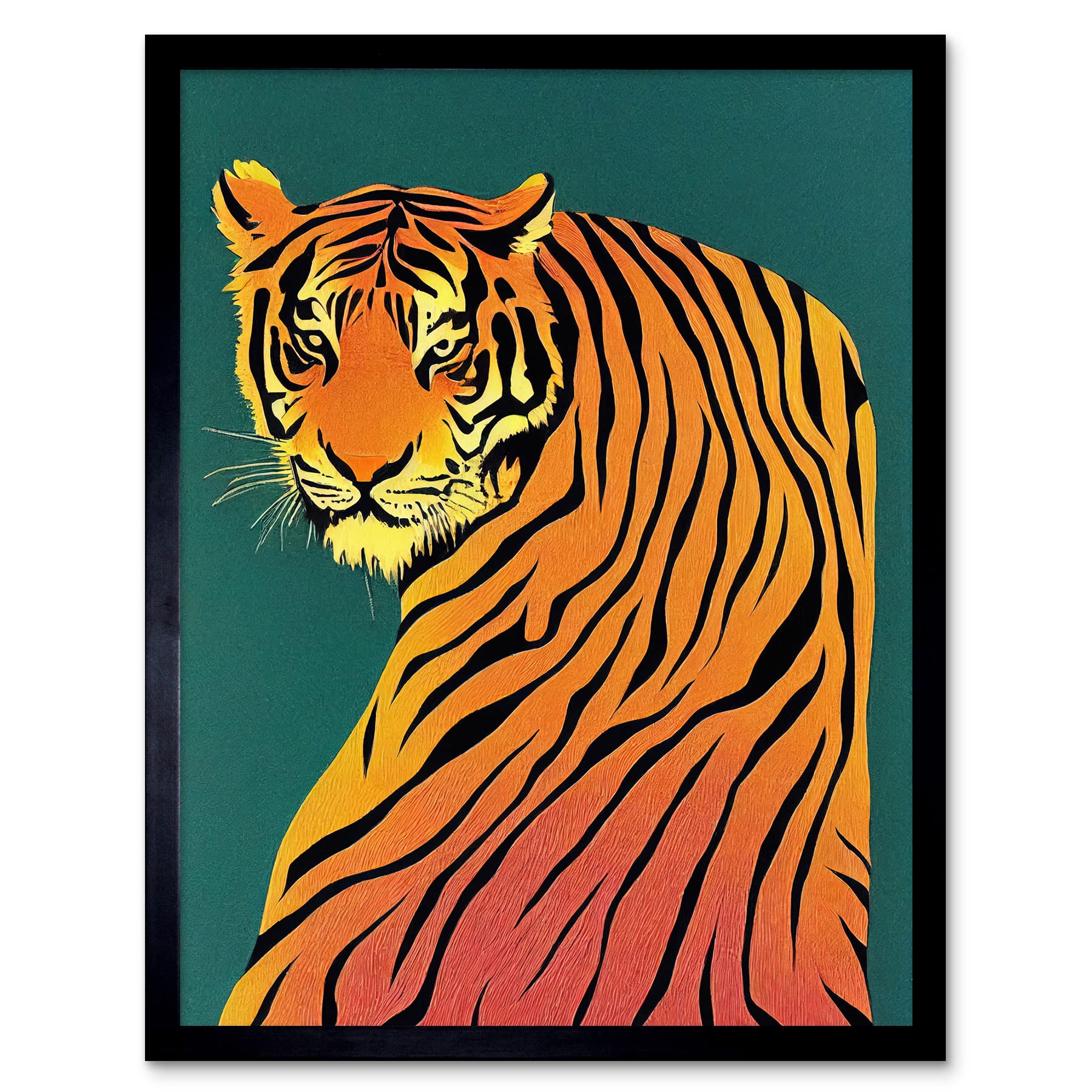 Wee Blue Coo Modern Tiger Portrait on Teal Orange Bold Art Print Framed Poster Wall Decor 12x16 inch