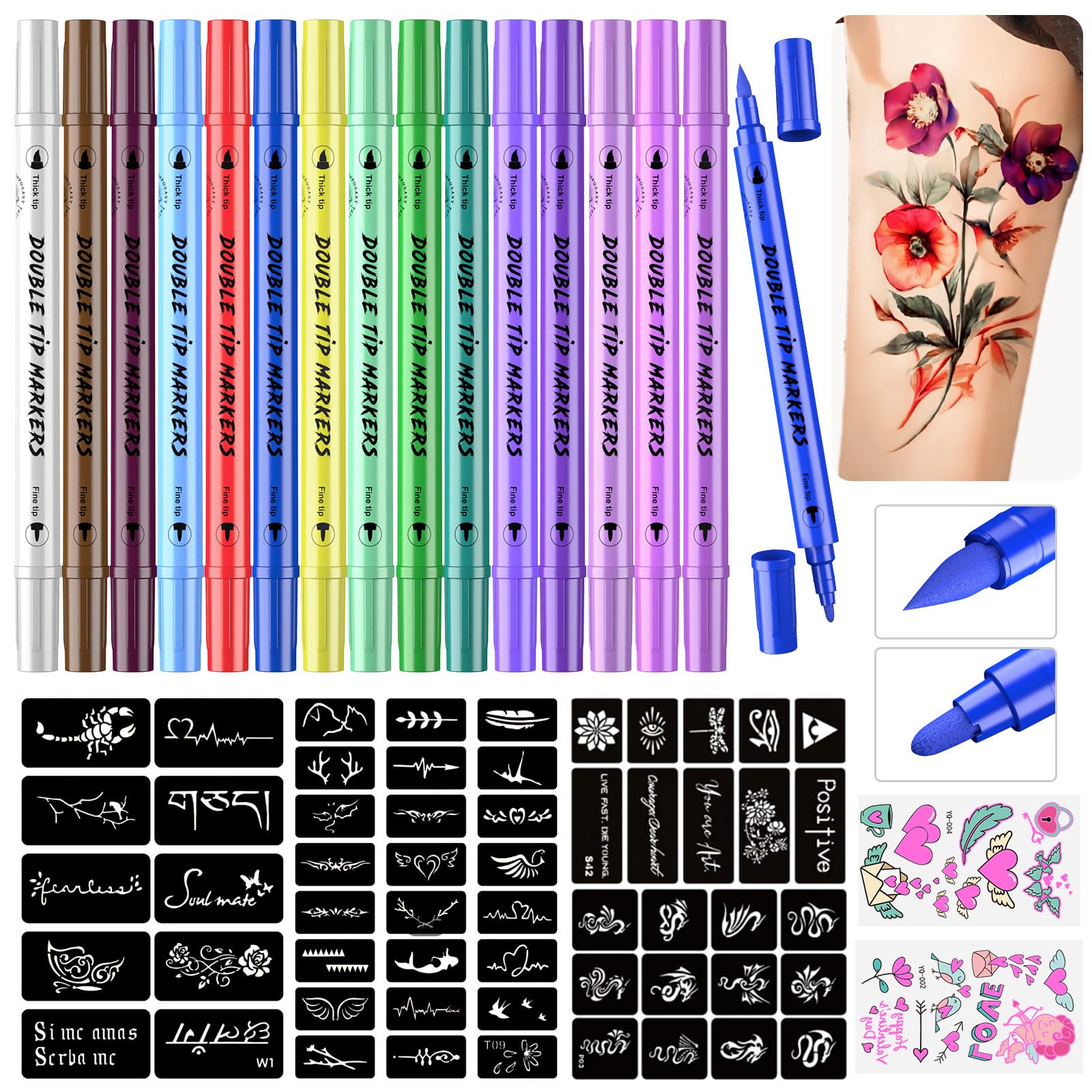 Tatuaje Temporal 15 Marcadores Corporales 64 Plantillas de Tatuaje Grandes 2 Hojas de Pegatinas Luminosas para Niños y Adultos, Rotuladores de Tatuaje de Doble Punta para Piel ZYH2310001KIT