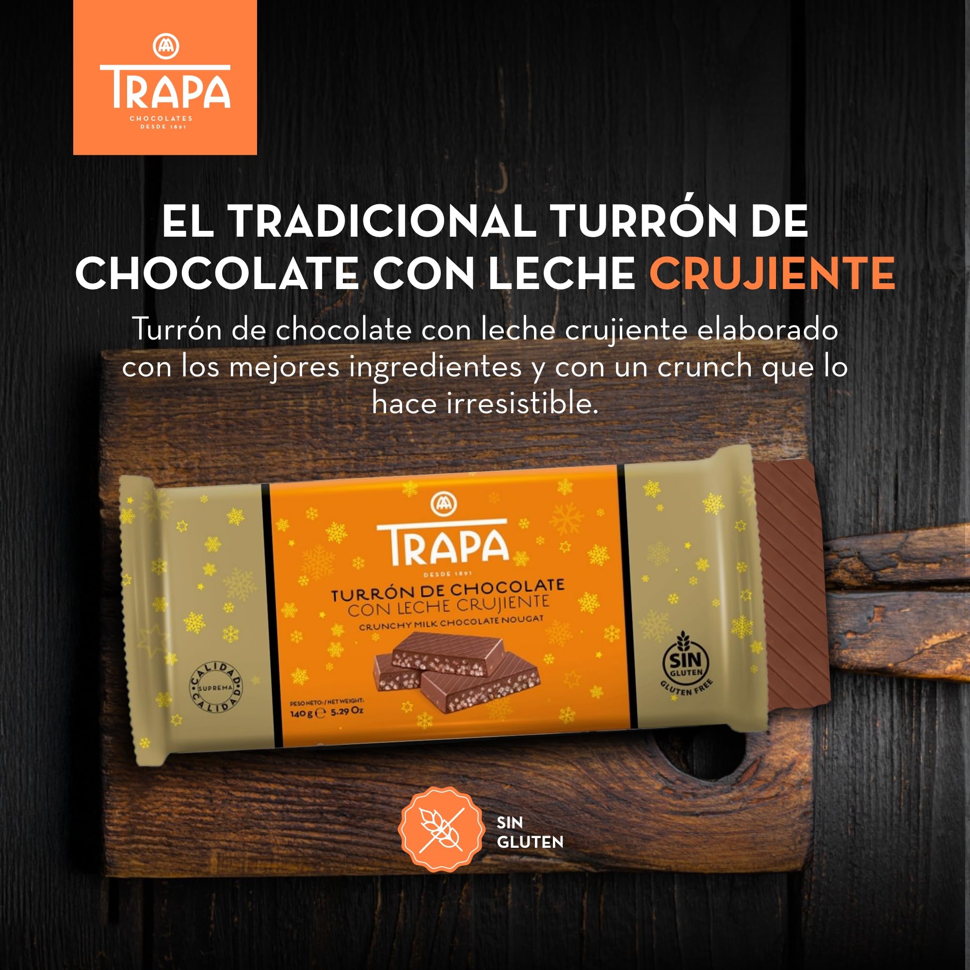 TRAPA | Turrón de Chocolate con Leche Crujiente | 140 g | Sin Gluten y Sin Aceite de Palma