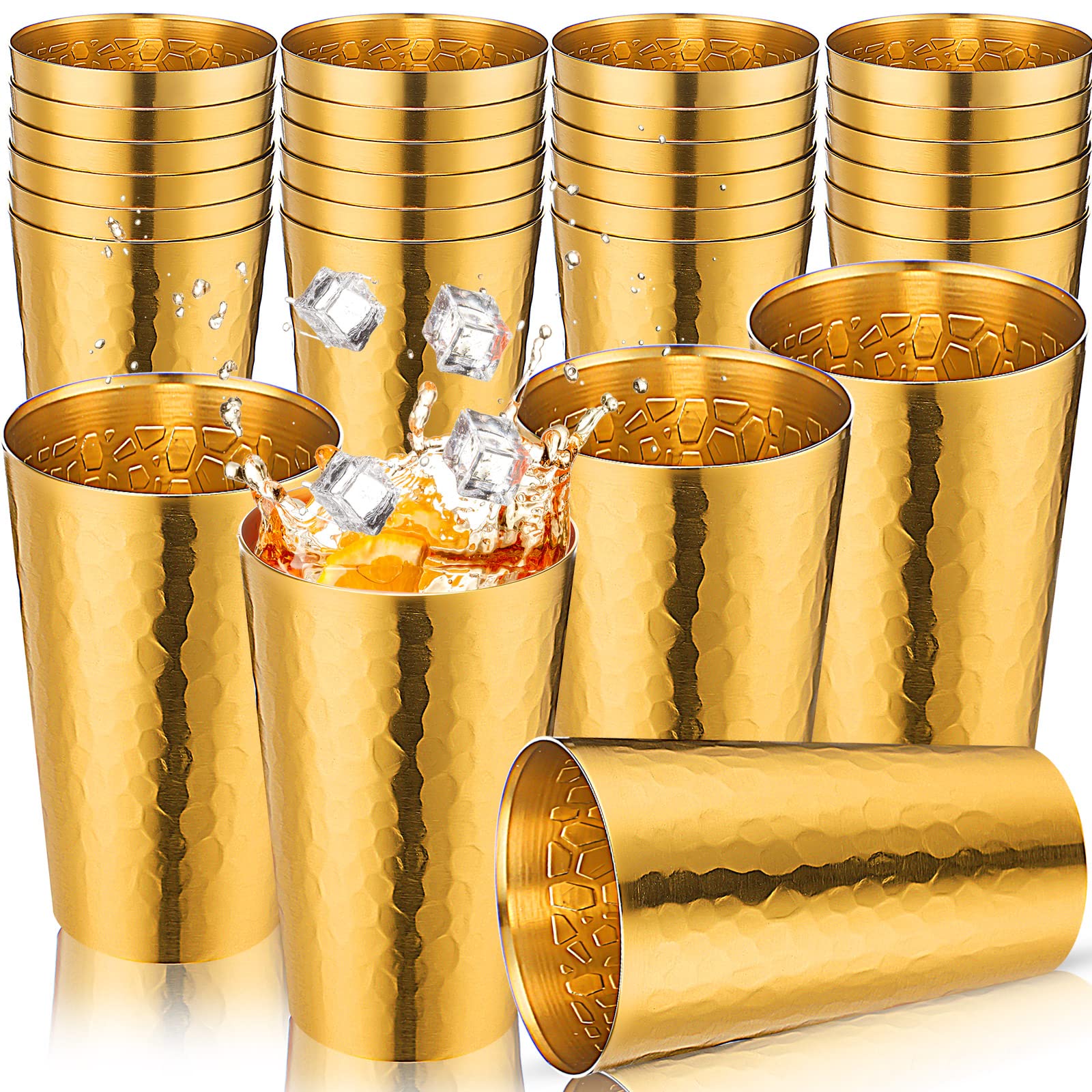 Geosar 24 Pcs Aluminum Cold Drink Cups 15oz Stackable Metal Cups Retro Aluminum Water Tumblers Set Iced Coffee Beer Hammered Tumblers for Birthday Party Camping Travel Outdoors Supplies(Gold)