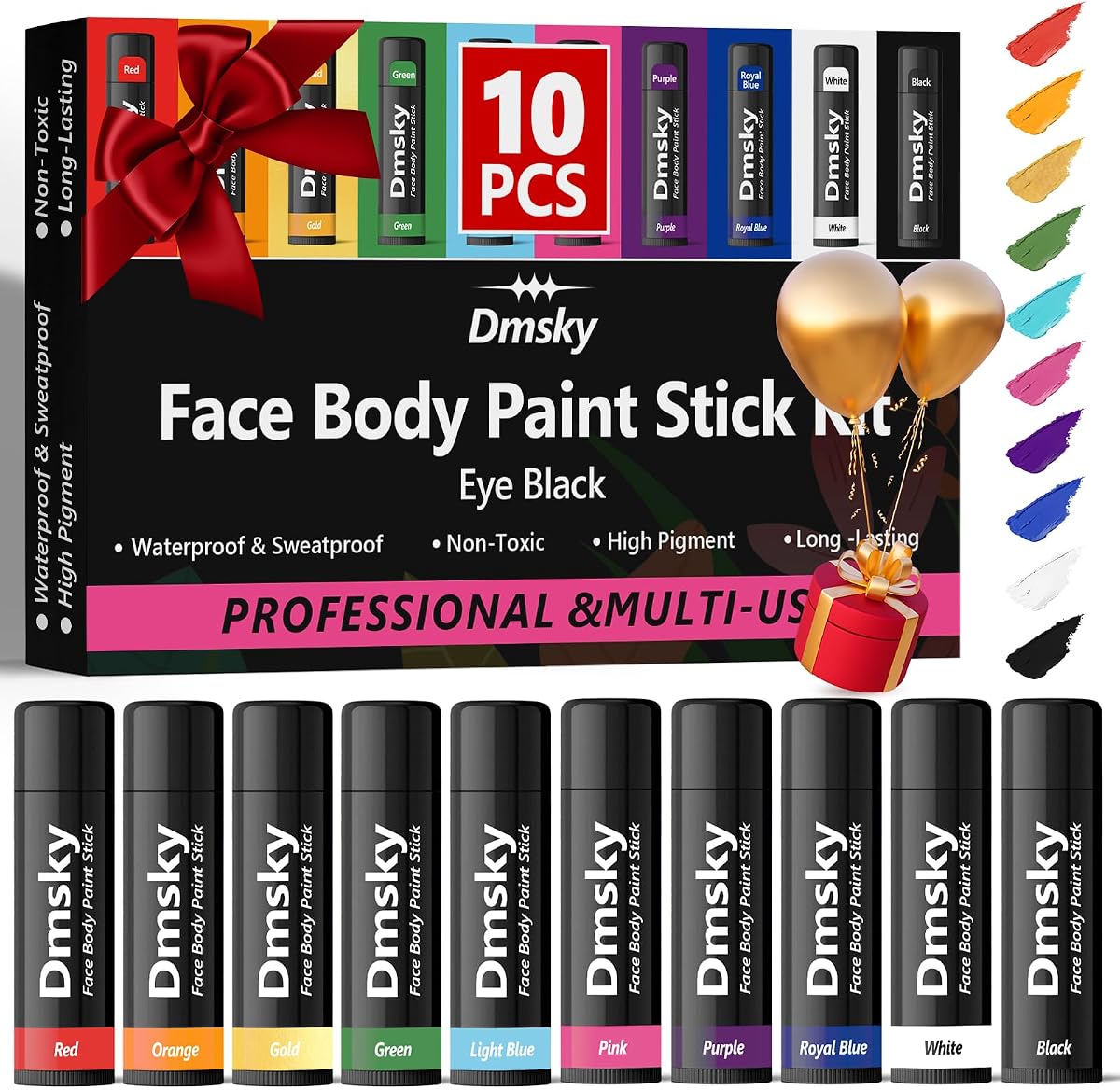 Dmsky 10 Packs Eye Black Sports Stick for Football, Baseball, Softball-Anti-Glare Face Body Paint Stick Kit,Water-Proof Eye Sports Paint Sticks,10 Color Eyeblack Painting Kit for Athletes & Fans