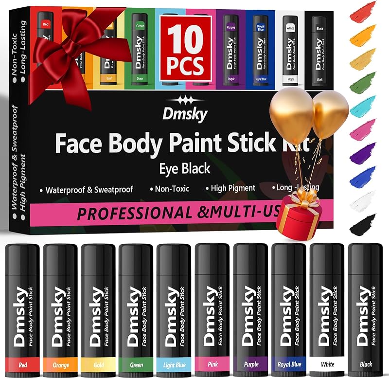 Dmsky 10 Packs Eye Black Sports Stick for Football, Baseball, Softball-Anti-Glare Face Body Paint Stick Kit,Water-Proof Eye Sports Paint Sticks,10 Color Eyeblack Painting Kit for Athletes & Fans