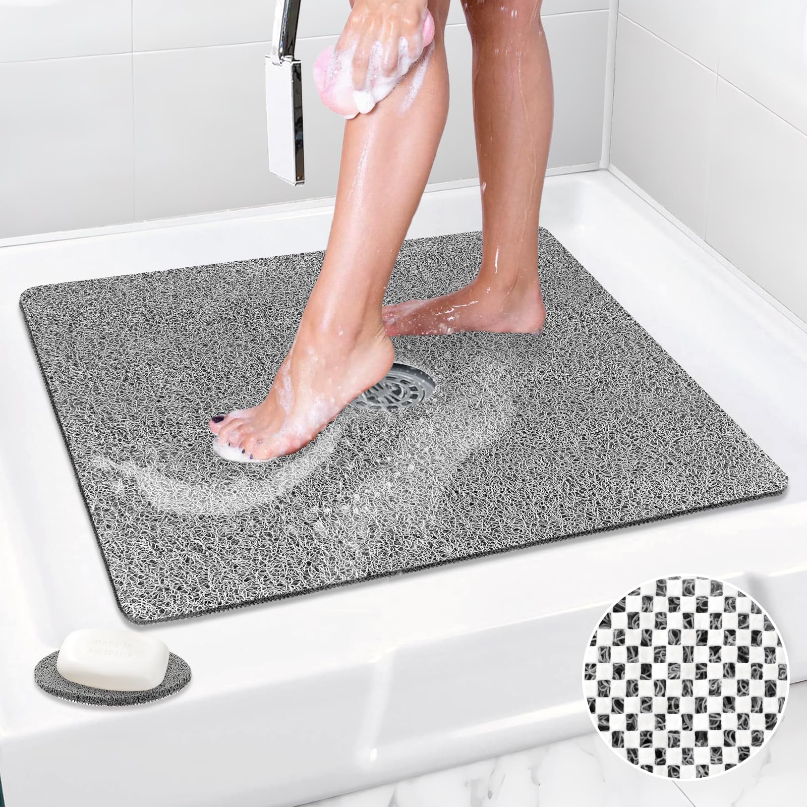 Shower Mat Non Slip: 21 x 21 Inch Square Shower Mats with Drain Hole in Middle - Soft Loofah Quick Drying Matt for Shower Stall