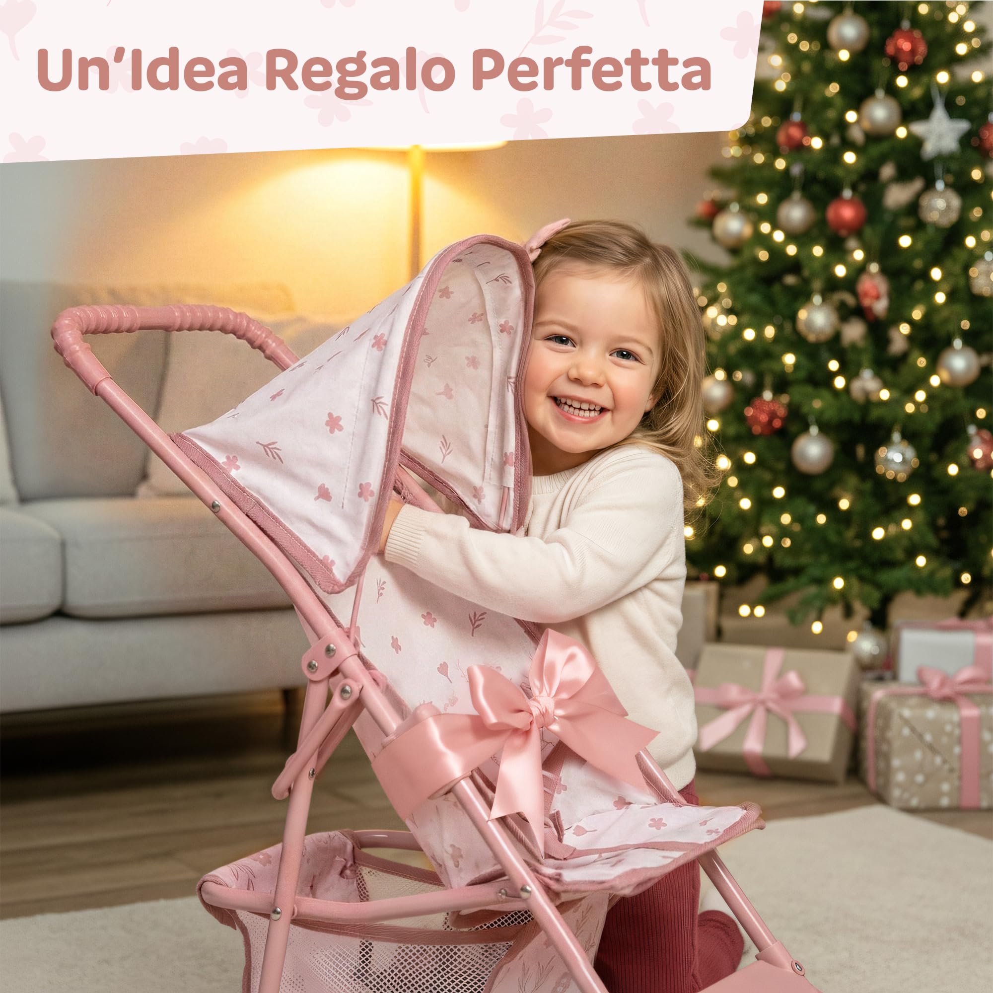 Kinderplay Passeggino per bambole dai 3 anni in su - Passeggino leggero e pieghevole, con ruote in EVA, cinghia e tettuccio, colore rosa