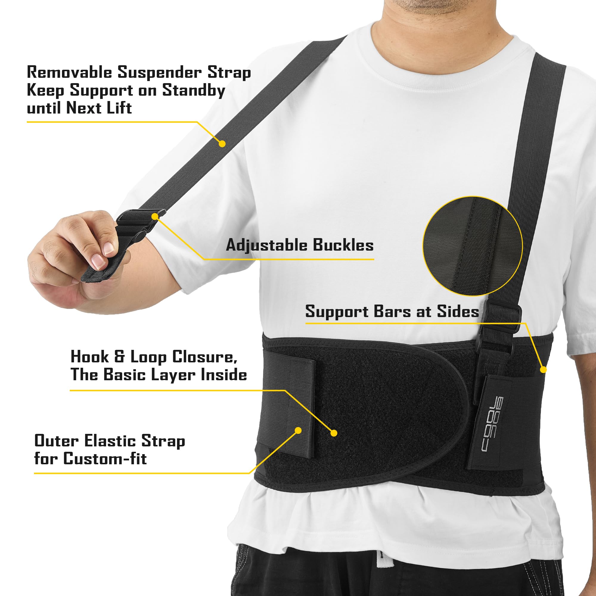 COOLJOB Ceinture de soutien lombaire pour hommes et femmes avec support dorsal souple rembourré en 3D et bretelles réglables pour le travail quotidien et le levage de charges lourdes (XL)