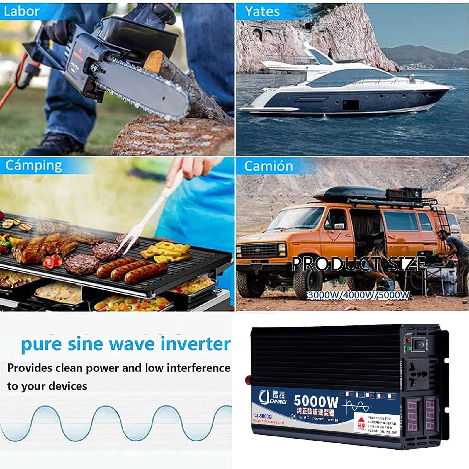 JINTAOMA Inverter di Alimentazione per Auto, Inverter a Onda sinusoidale Pura Convertitore automobilistico a Onda sinusoidale da DC 12V a AC 240V Alimentatore da Viaggio per Laptop,3000W-60Vto110V