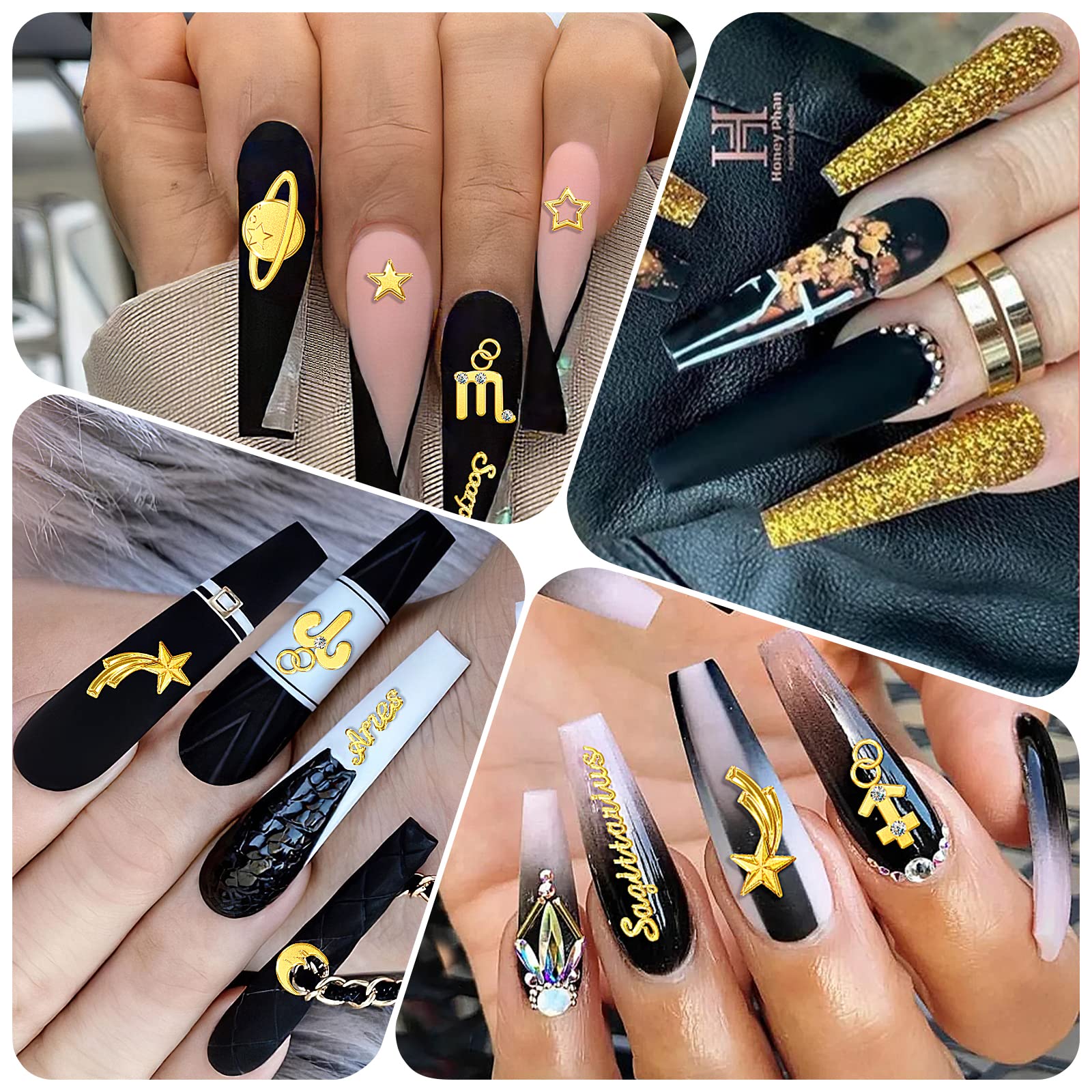 Amazon.com: 3D Nail Charms, 278PCS Gold Nail Studs Zodiac Designer Charms  Star Moon Planet Rocket Beads Jump Ring Multi Shape Jewels DIY Nail Art  Jewelry Decoration with Tweezer and Nail Piercing Tool :