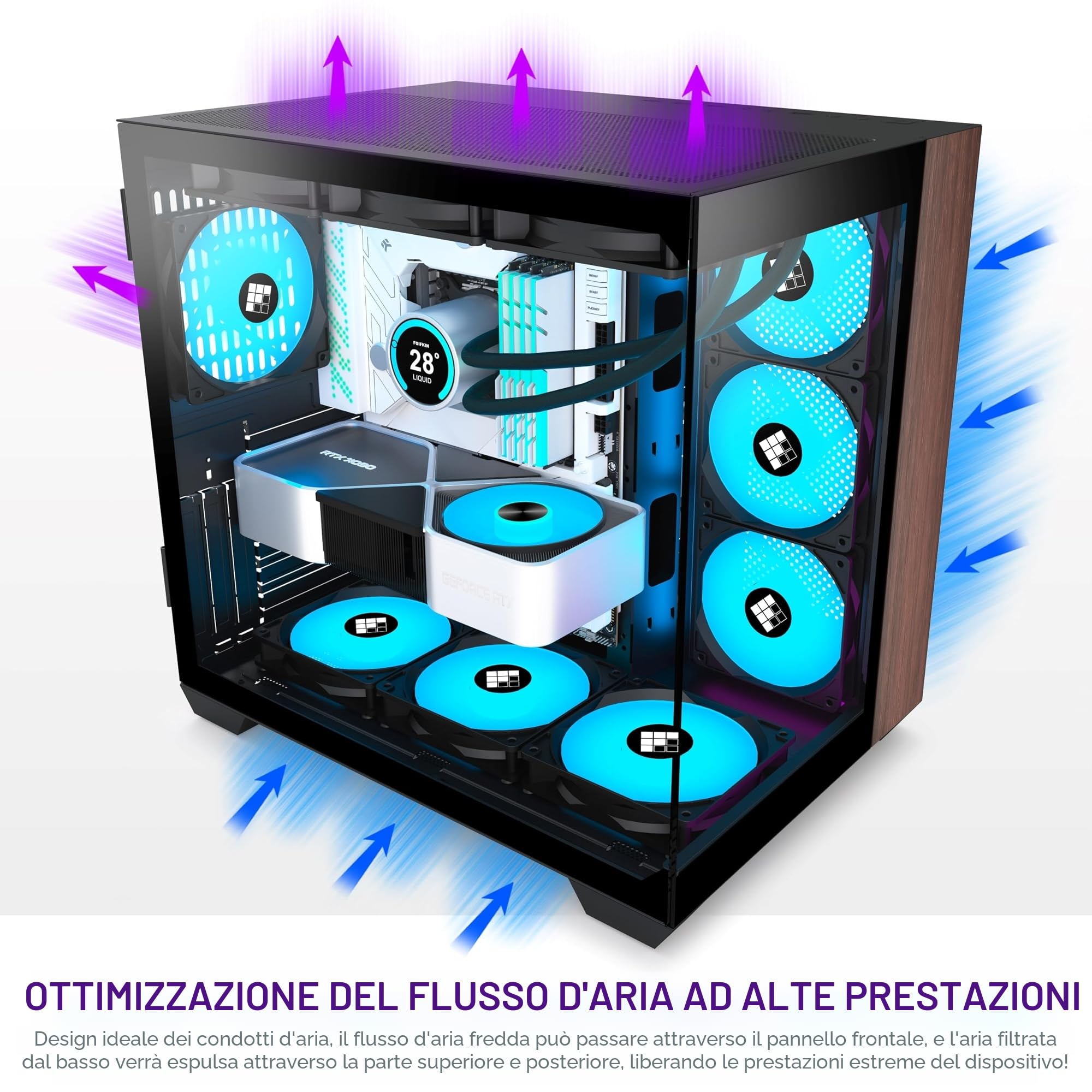 FOIFKIN F300 Case PC ATX con 7 ventole PWM ARGB,Case per PC Mid-Tower ad alto flusso d'aria,Case PC Gaming,Case ATX nero,Case computer Big Tower,Supporta Radiatore 360 mm,Type-C (Legno-Nero, F300)