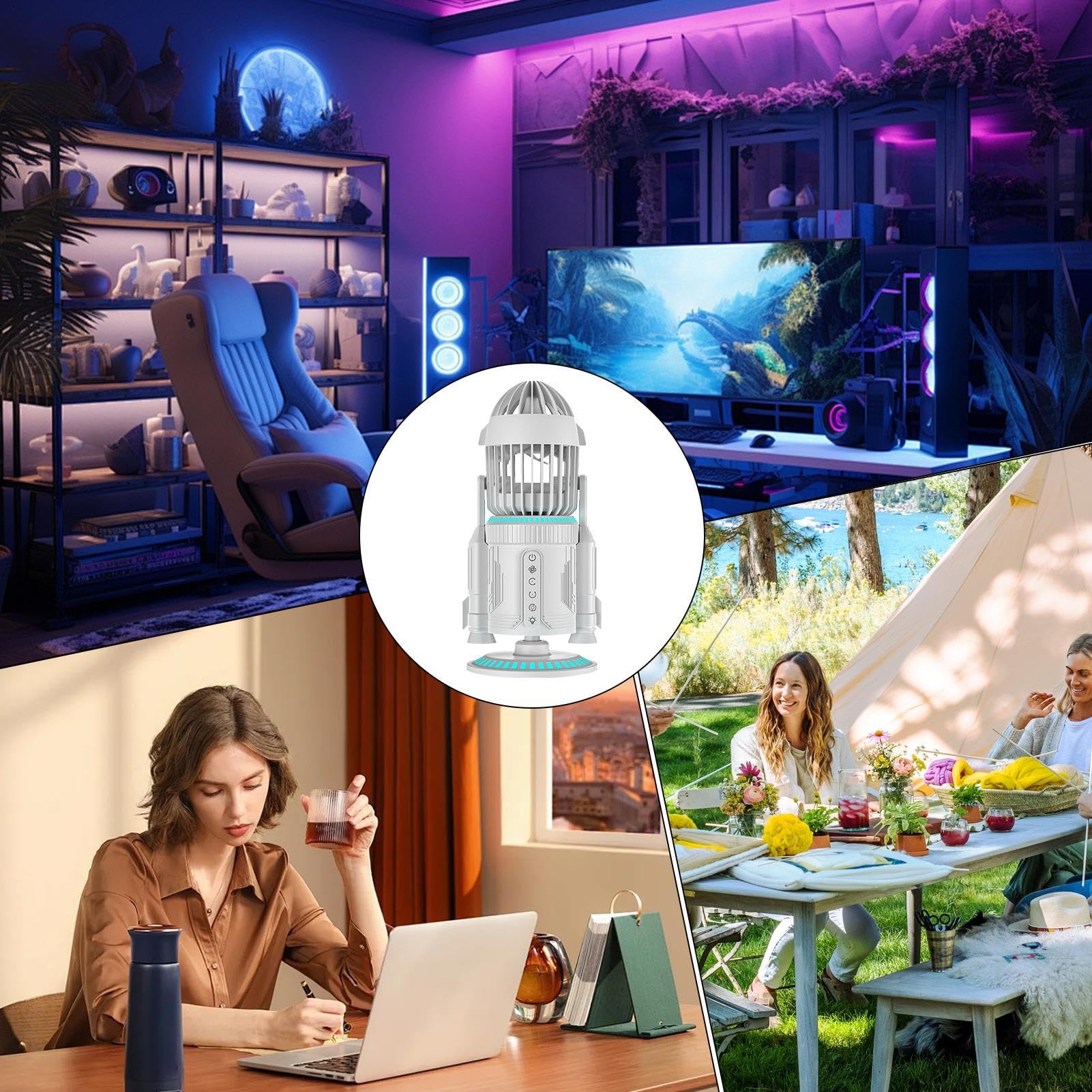Ventilatore da Tavolo Raffreddatore Personale a Forma di con Luce | Ventilatore Ricaricabile con Nebulizzatore per Casa Cucina Cameretta Dormitorio Esterno Spiaggia