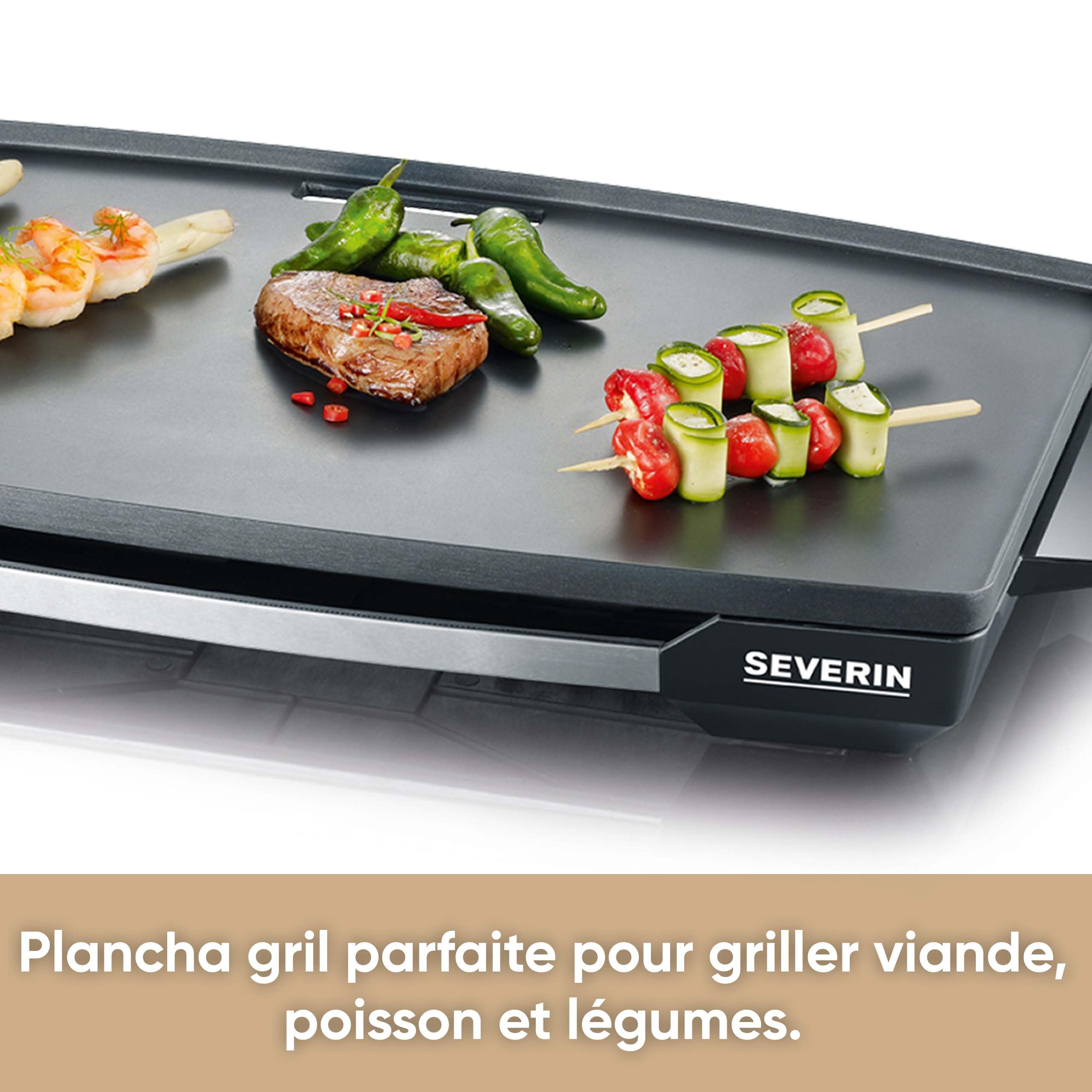 SEVERIN Plancha 2 200 W, Plaque de cuisson XXL pour viandes, poissons & légumes au revêtement anti-adhésif, Gril électrique avec bac récupérateur de graisse amovible, Noir, KG 2397
