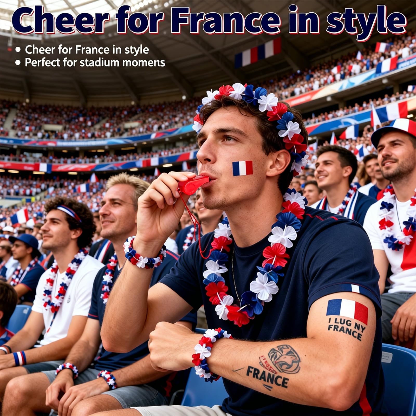9 Pièces Supporter Equipe de France, 1 Collier Hawaï Supporter + 1 Sifflet Rouge + 4 Autocollants Visages + 2 Bracelets + 1 Cheveux pour Coupe du Monde l'Euro Football, Accessoire Supporters France
