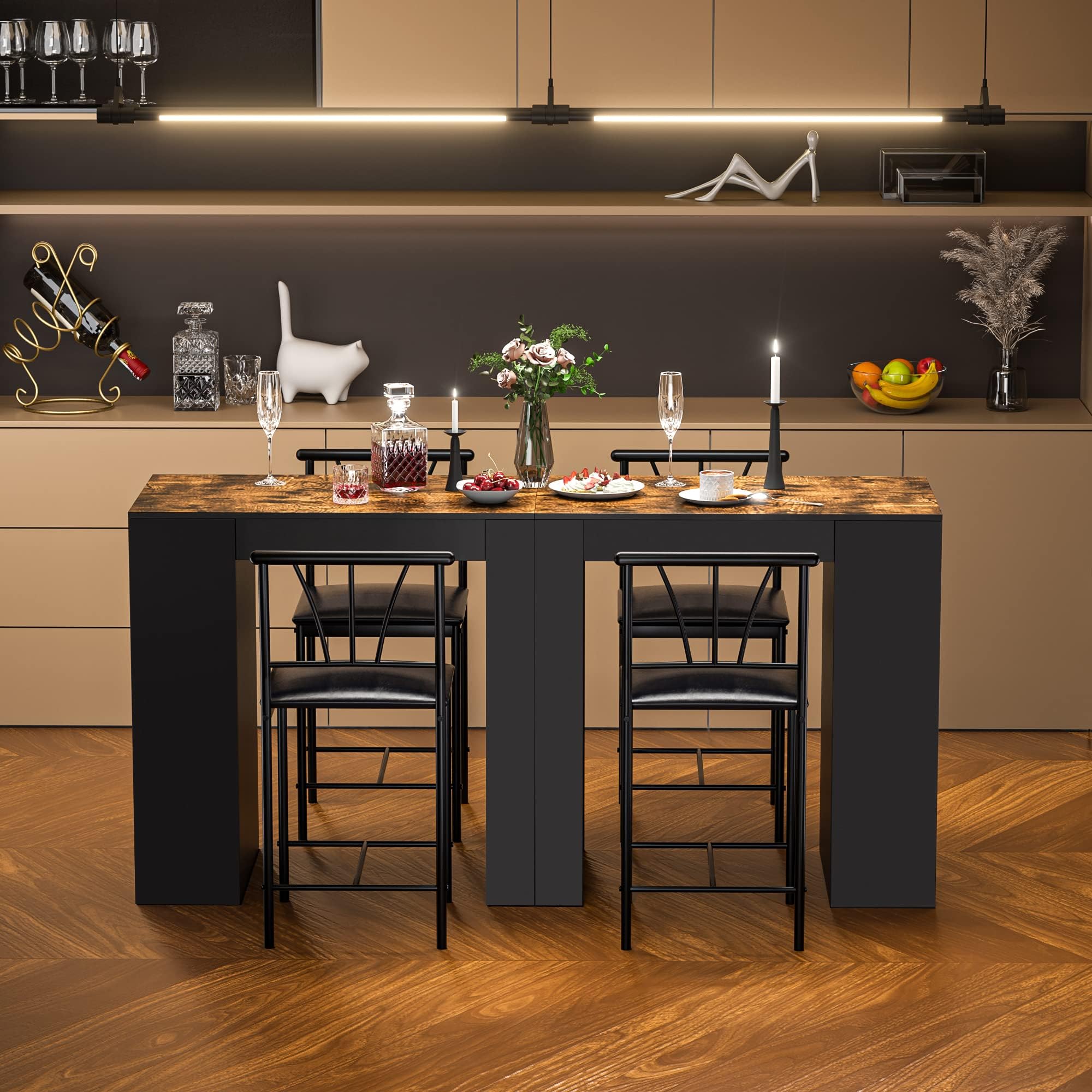 VECELO Ensemble Table de Bar Industriel avec 2 Chaises Rembourrées, Table avec 3 Étagères de Rangement pour Salle à Manger, Cuisine, Salon, Bistrot, Marron