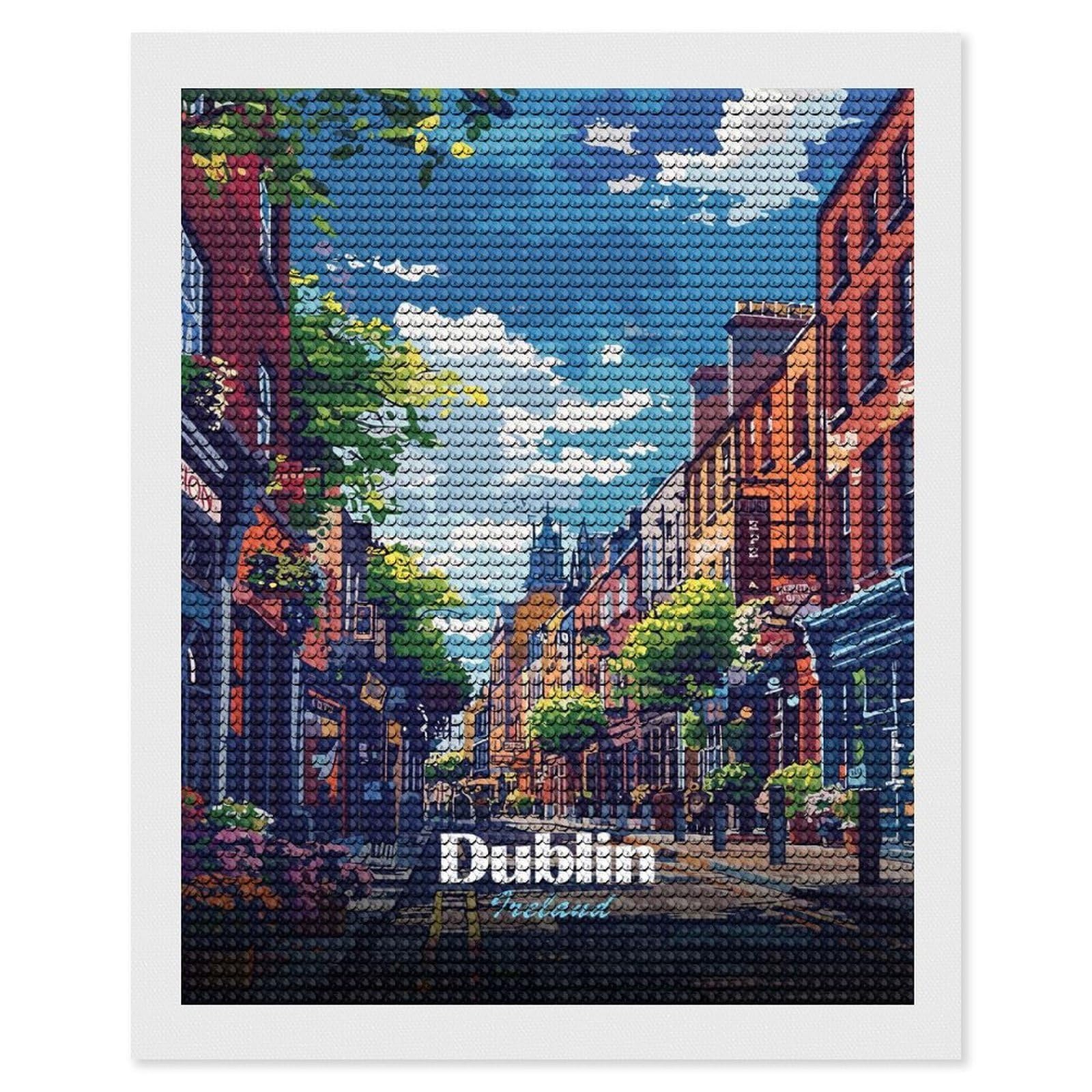 Junmoney Dublin, Ireland Street View Illustration Full Drill Diamond Painting Kit 16"x20", Adhesive Canvas, Aesthetic Room Decor, for Family Craft Time, Birthday Gift