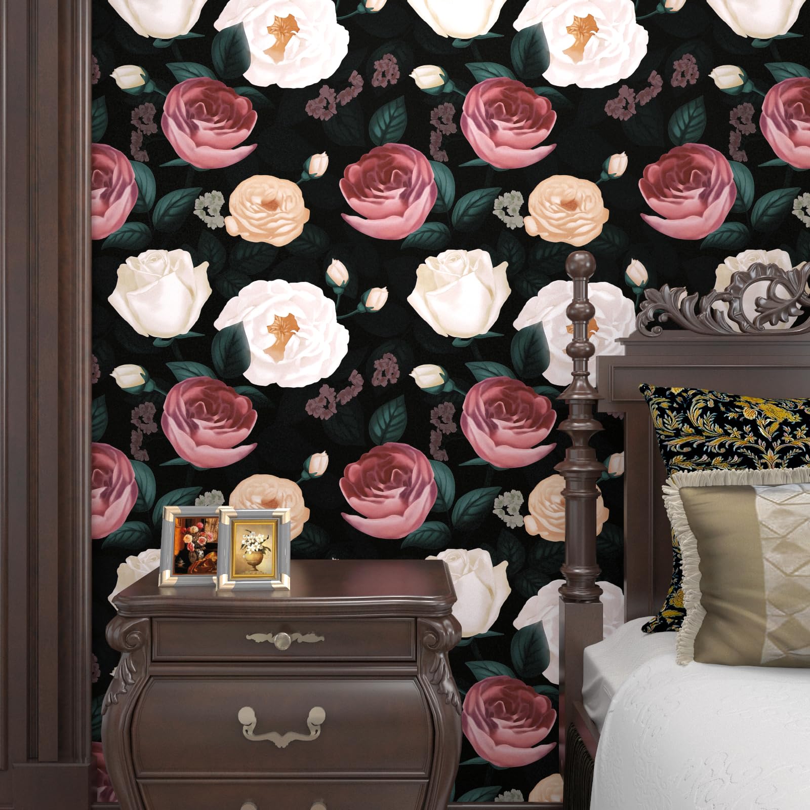 VOLEAAR Dark Black Rose Floral Wallpaper Peel and Stick Vintage Contact Paper Retro Boho Vinyl Removable Waterproof for Drawer Walls Cabinet Bedroom Shlef Liner 44.5CM x 1000CM - Image 2