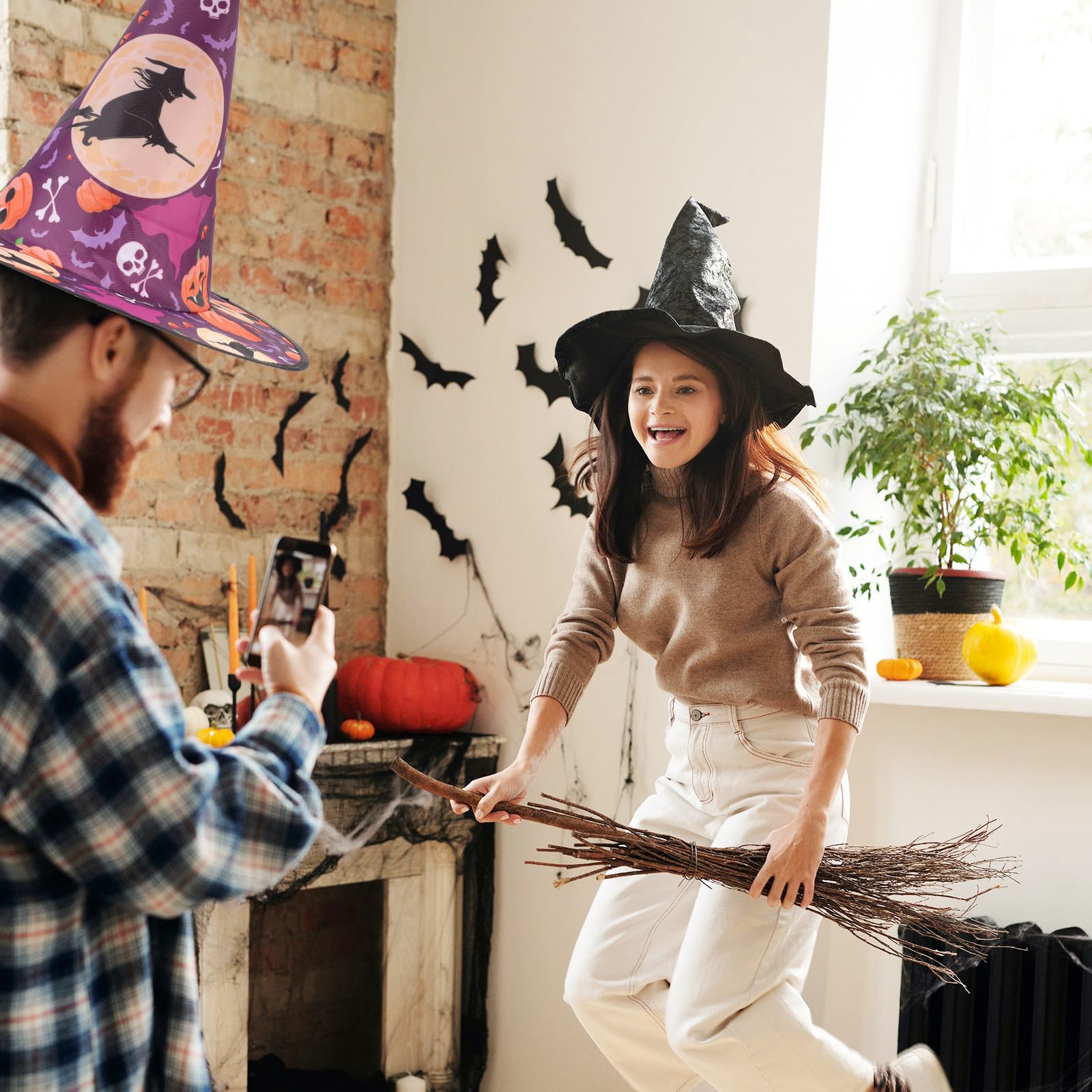Abaodam 24 Stück Halloween Hexenhut aus Stoff und Stahl Draht Robuster und Bequemer Hexenhut für Cosplay Aktivitäten und Festliche Dekoration zu Halloween