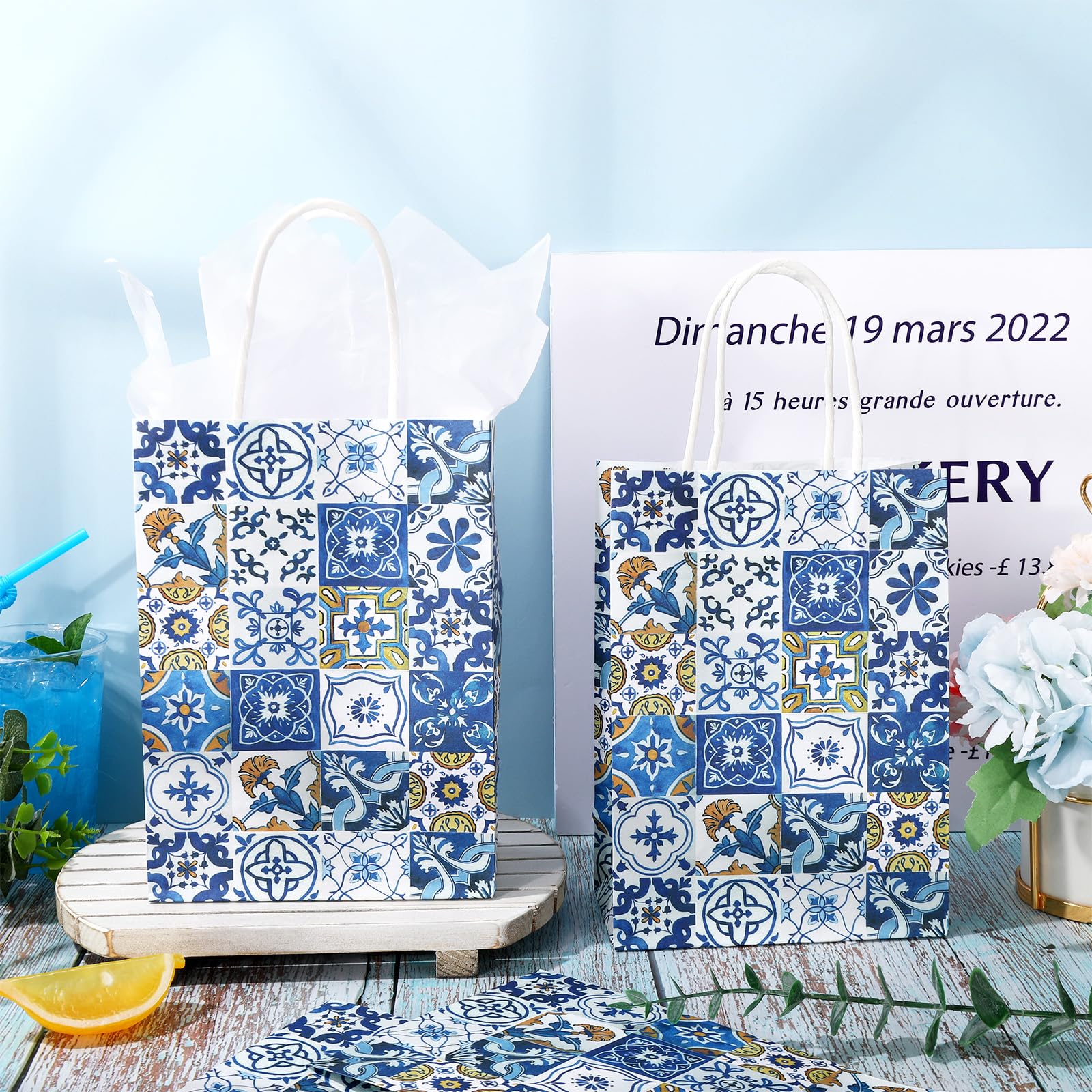 JarThenaAMCS Papiertüten mit Seidenpapier, Vintage-Stil, mediterran, Geschenktüten mit Griff, für Babyparty, Hochzeit, Party, Gastgeschenk, 24 Stück
