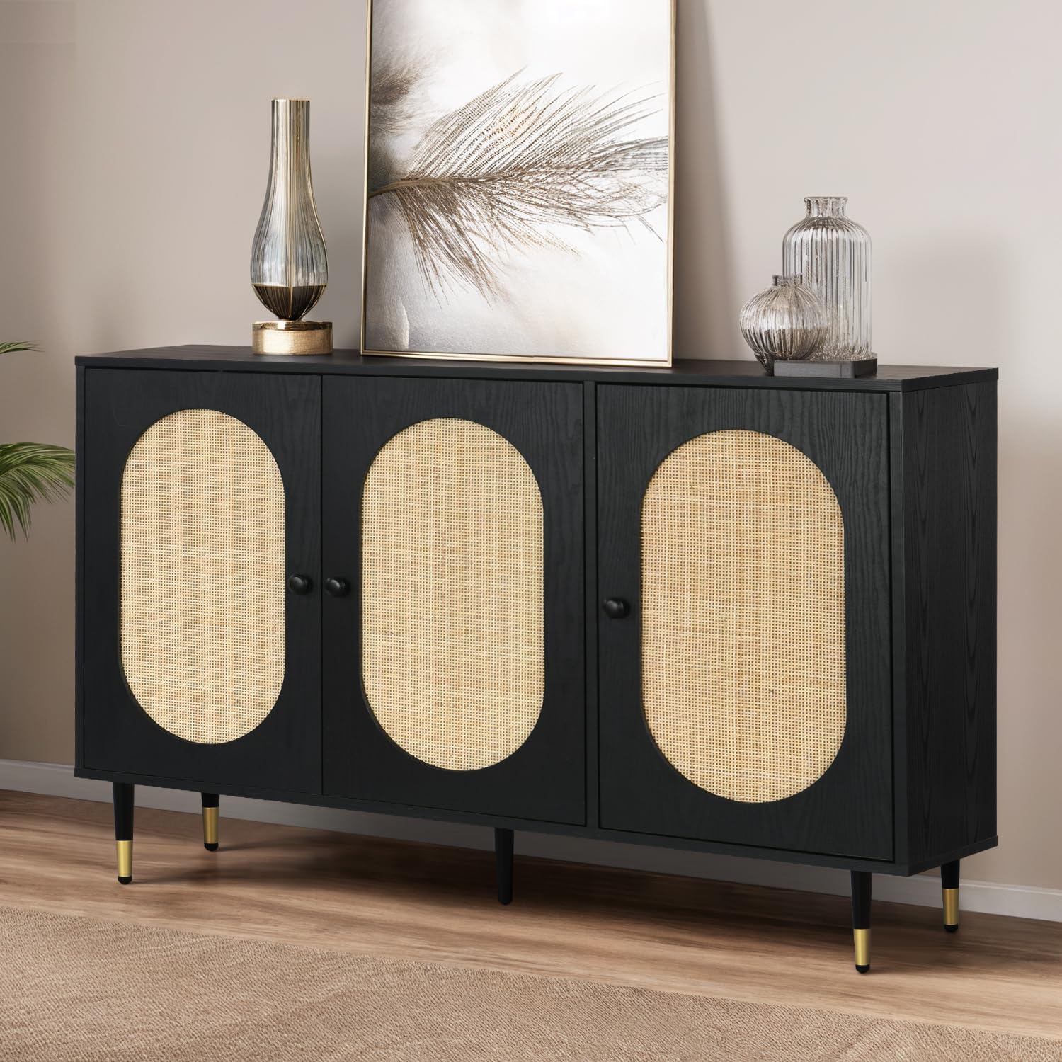 47'' Buffet Cabinet with Storage, Sideboard Cabinet with Natural Rattan Doors, Rattan Sideboard with Adjustable Shelf, Black Rattan Buffet Cabinet for Kitchen, Living Room, Dining Room