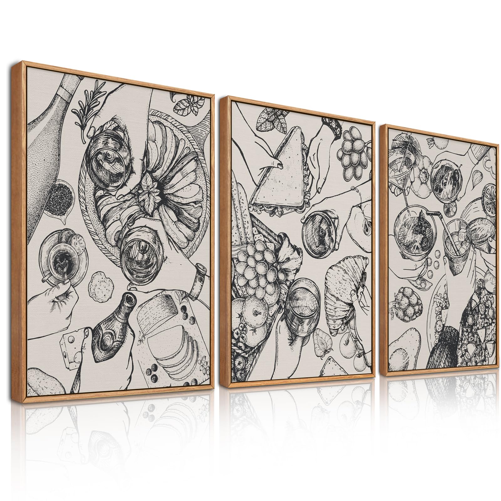 BINCUE 3 Stück Küche Wanddekor,Beige Leinwandbild Lebensmittel,Boho Abstrakte Küch Bilder,Lebensmittel Wandkunst,Abstrakte Freunde Party Poster,Moderne Kunstdrucke Küche Esszimmer Restaurant,30*40cm