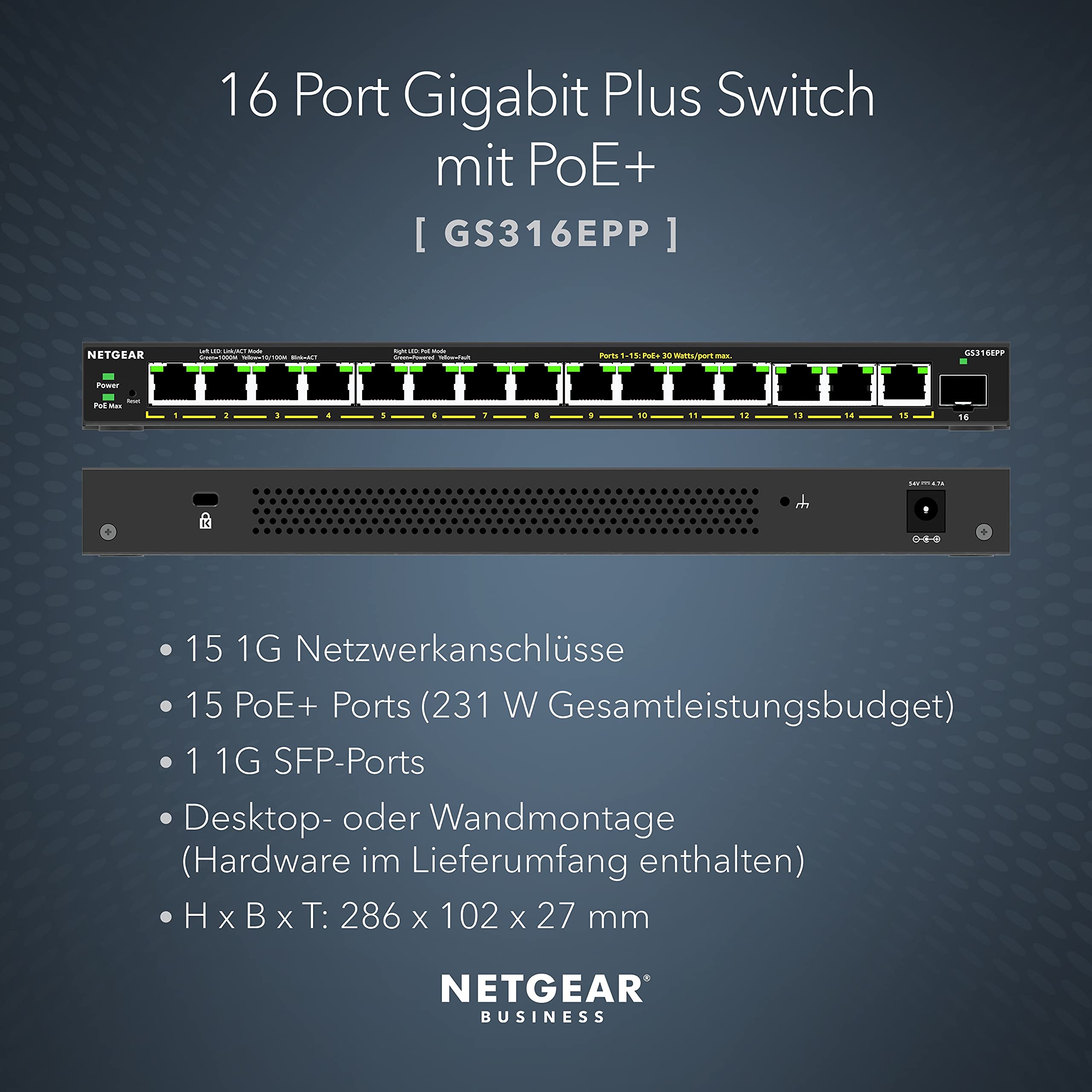 NETGEAR GS316EPP Switch 16 Port Gigabit Ethernet LAN PoE Switch Plus (mit 15x PoE+ 231W & 1x SFP, Managed Netzwerk Switch mit IGMP Snooping, QoS, VLAN, lüfterlos), schwarz