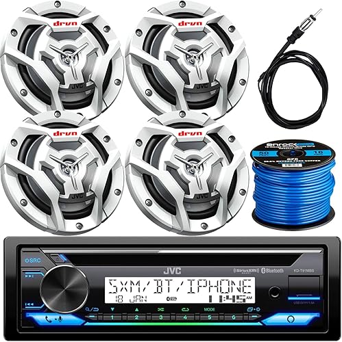 JVC KD-T91MBS - Reproductor de CD deportivo de motor marino DIN único con receptor USB AUX Combo con 4 altavoces de audio coaxiales de coche de 6.5