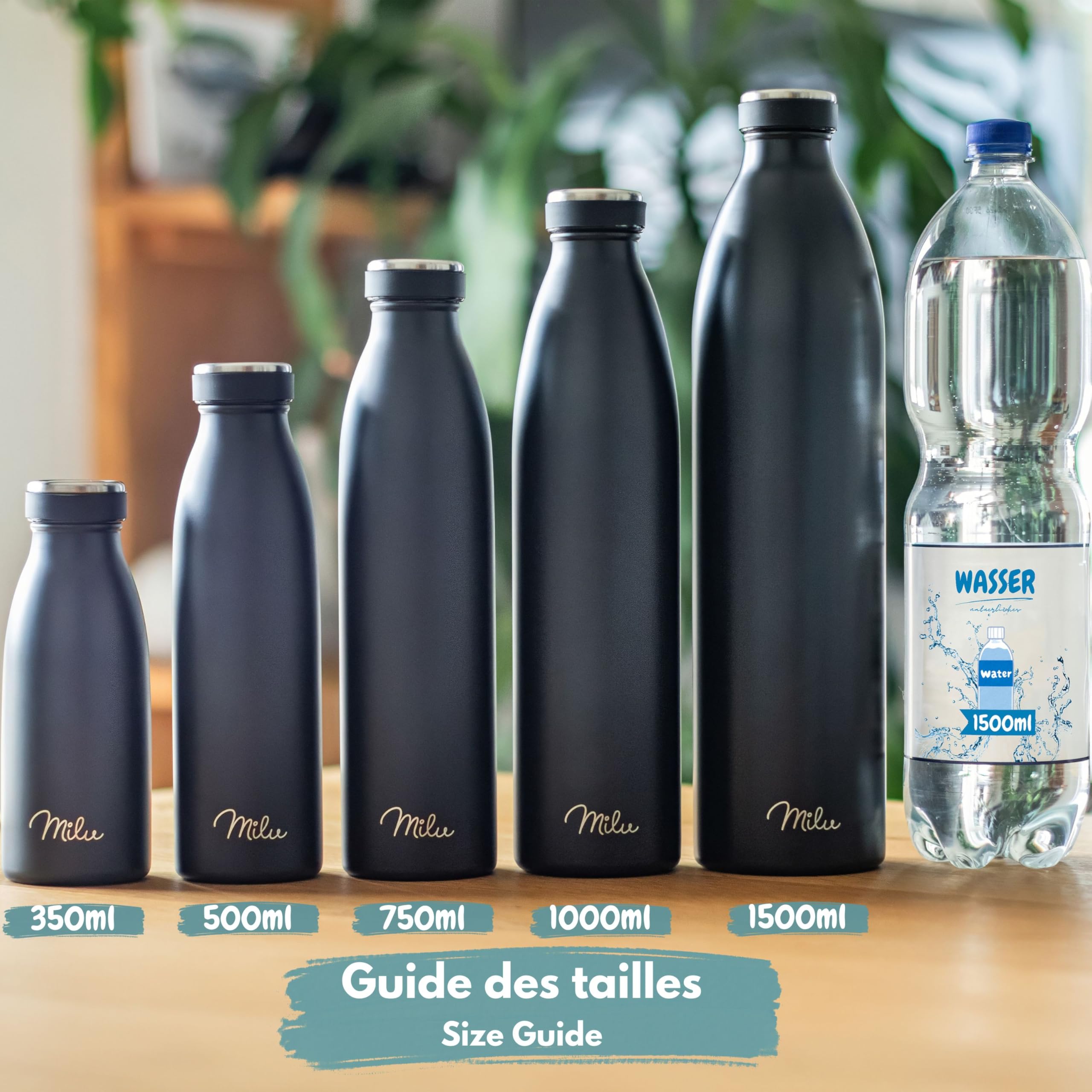 Milu Gourde en acier inoxydable 350 ml 500 ml, 750 ml, 1000 ml, 1,5 l – Bouteille isotherme, bouteille d'eau isolée, double paroi anti-fuite, convient aux acides carboniques (Acier inoxydable, 1500ml) - 3
