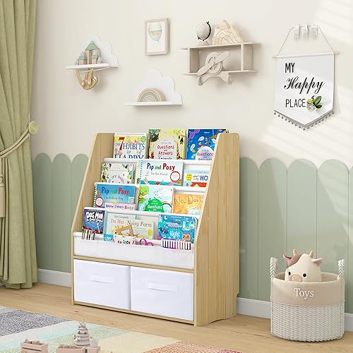 Miniatura 15 de MallBest Estantería infantil de madera maciza con contenedores de almacenamiento, estante frontal inspirado en Montessori para niños de 1 a 5 años,