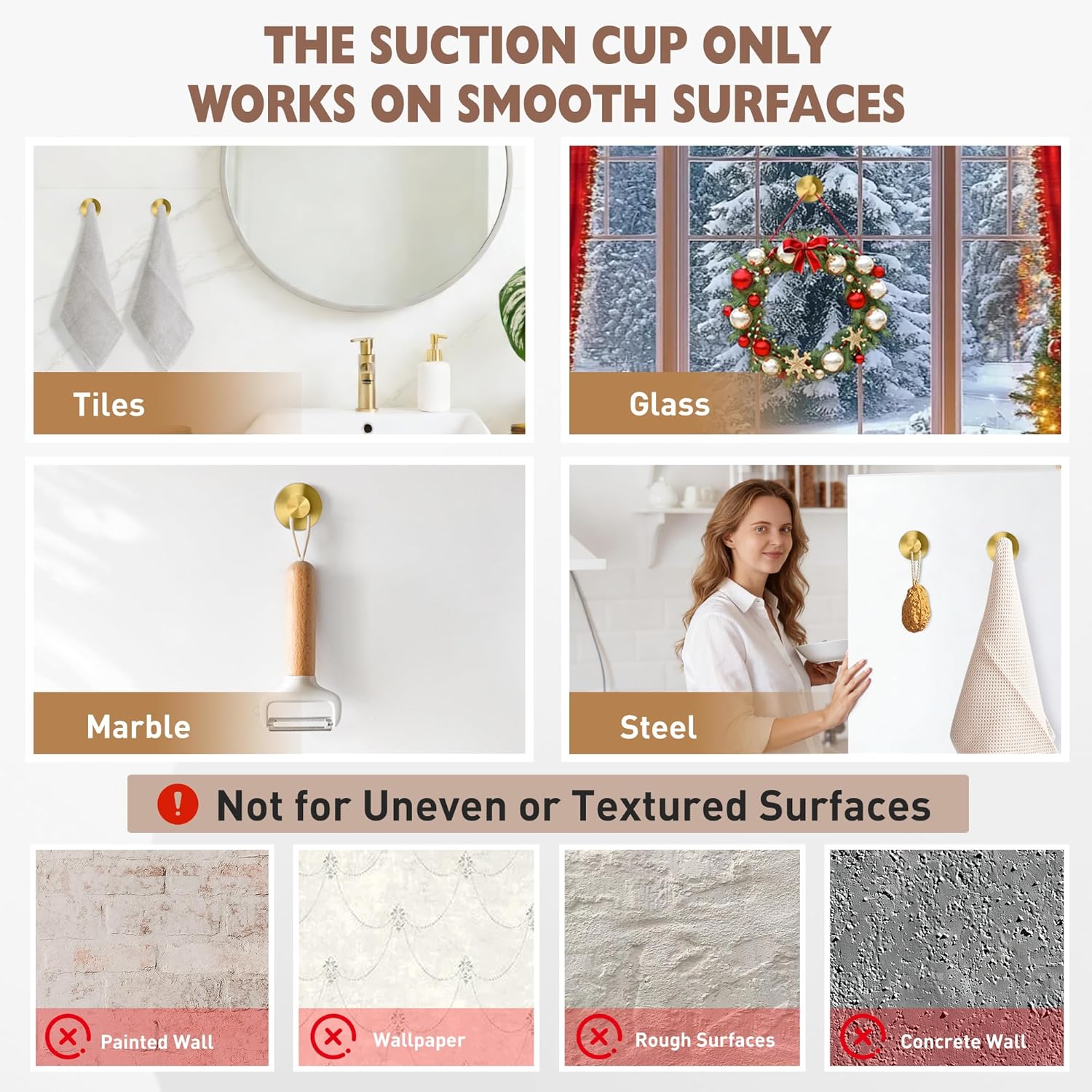 MOTAIPEAK Suction Cup Hooks for Shower,Upgraded Strong Suction Hooks for Inside Shower,Removable Towel Hooks for Bathroom, Glass, Window, Tile,Waterproof & Reusable, No Drilling,Gold (4 Pack)