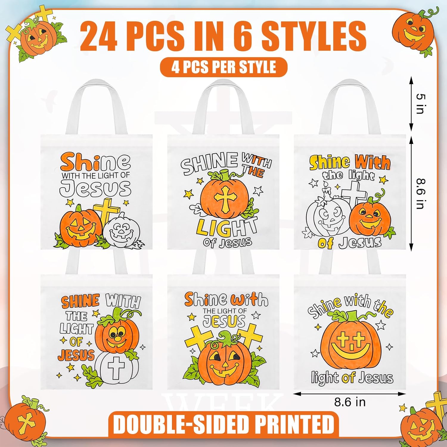 24 Pcs Color Your Own Halloween Religious Tote Bag Shine with the Light of Jesus Canvas Pumpkin Gifts Christian Coloring Reusable Treat Bags Halloween Party Crafts Favor for Home, 6 Style