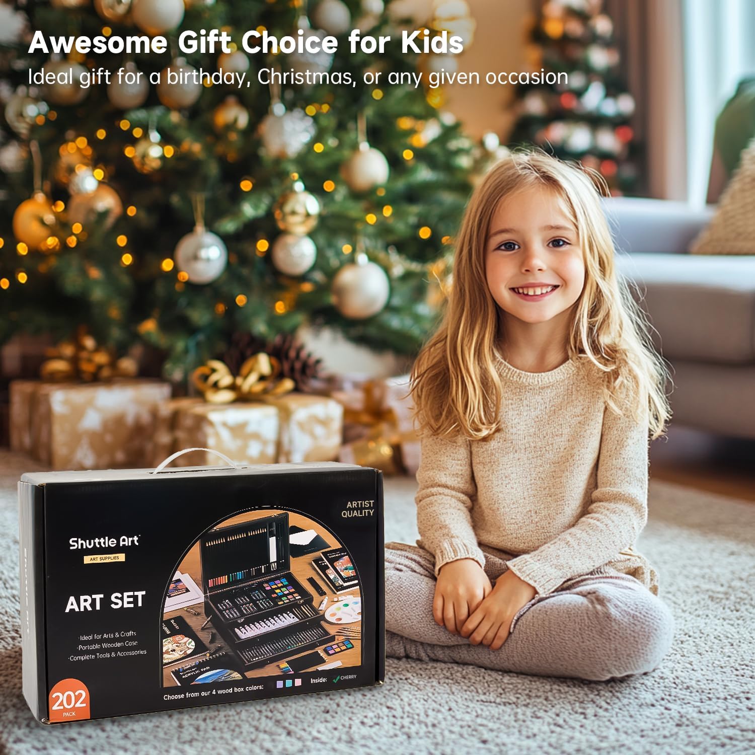 Shuttle Art Deluxe Gift Art Kit, 202-częściowy zestaw drewnianych materiałów artystycznych z 4 blokami rysunkowymi, płótnami, kolorowankami, farbą akrylową, kredkami woskowymi, pastelami olejnymi