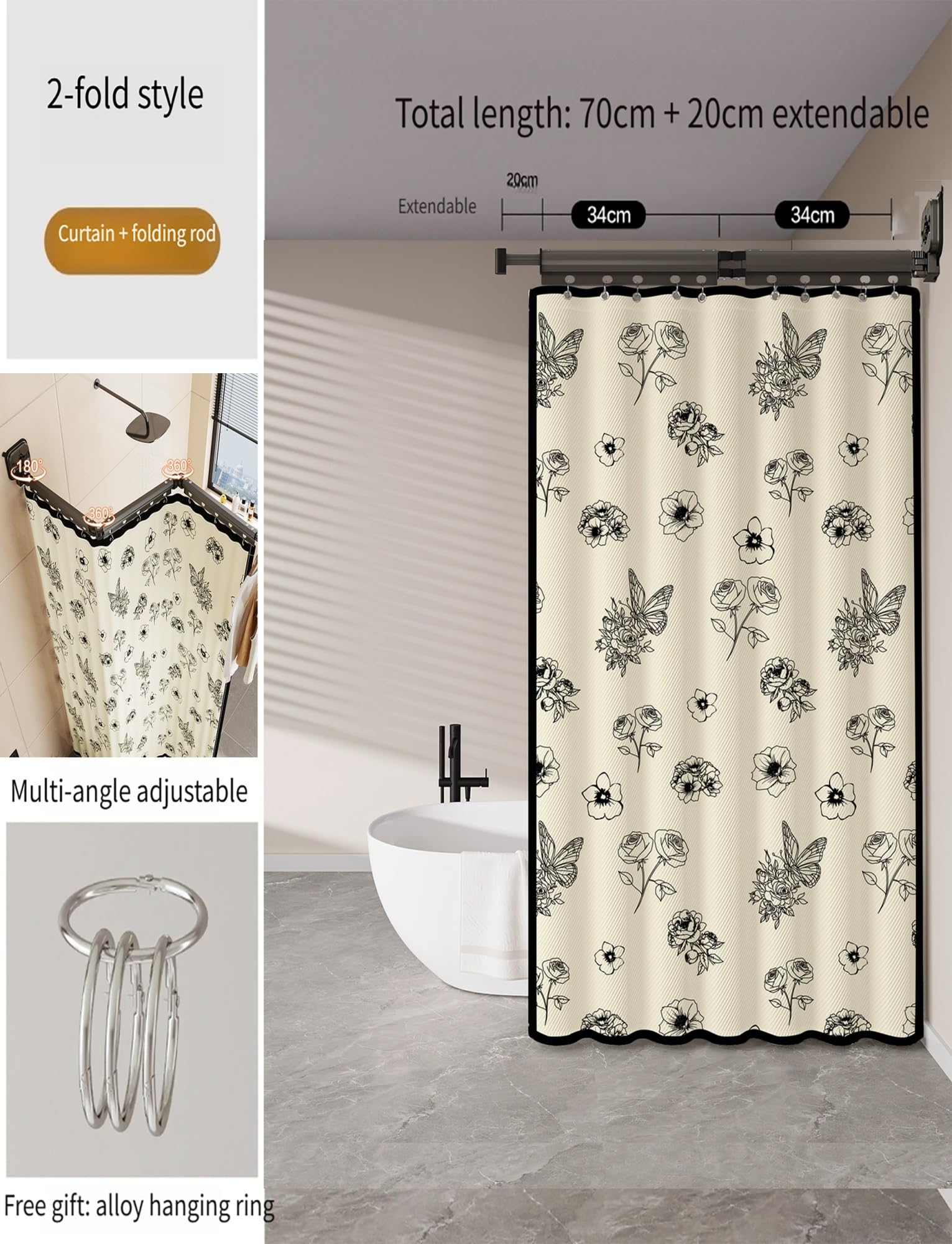 Ensemble Rideau de Douche Mural Pliable, Rideau en Lin Ajustable avec Ventouse pour Salle de Bain, Baignoire, Cuisine, Magasin de vêtements
