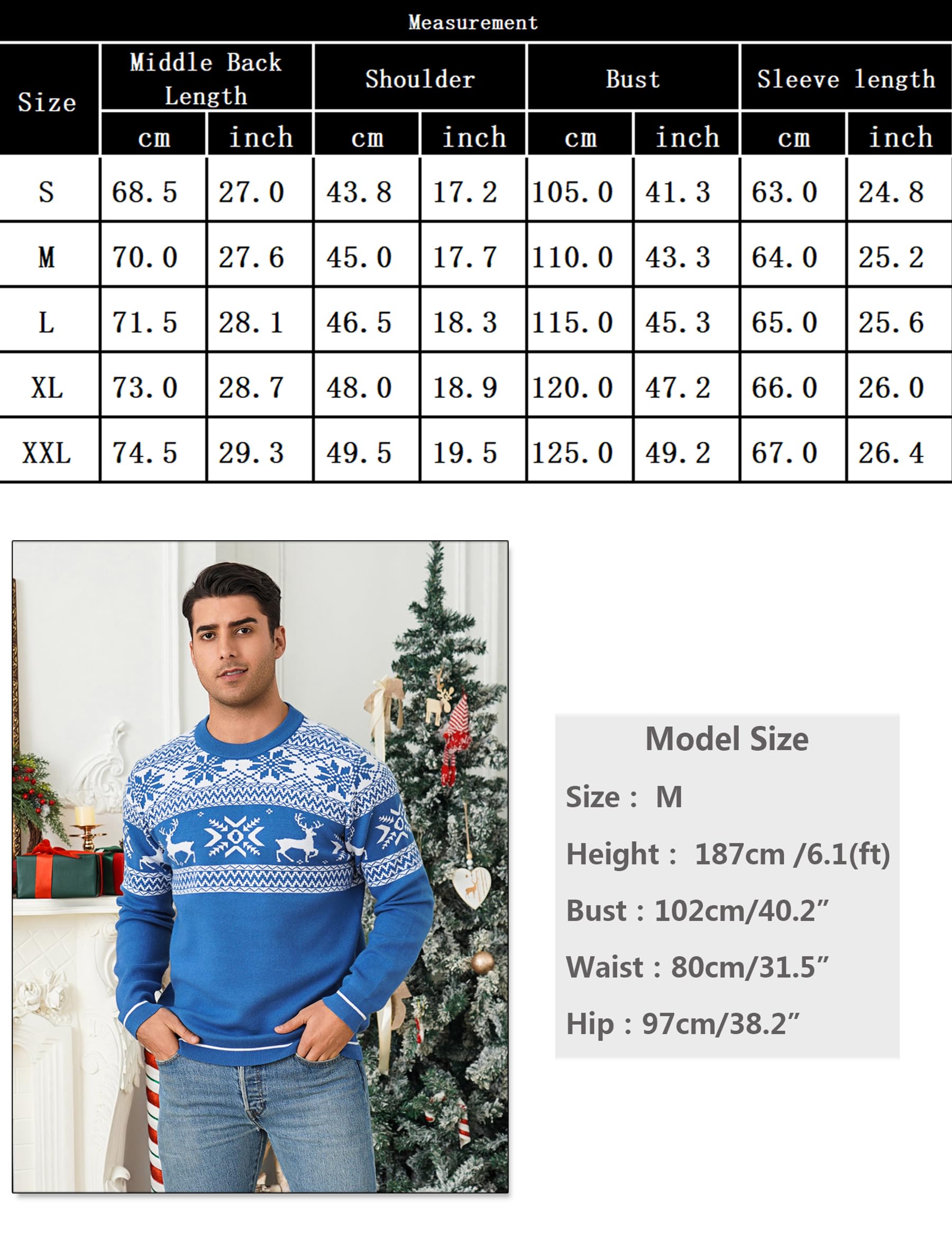 Pull de Noël Homme Col Rond Motif Renne | Motif renne et flocon, col rond et manches longues pour les fêtes, les soirées d’hiver et les cadeaux de Noël.
